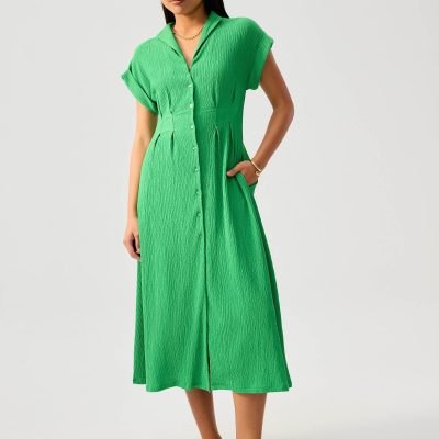 Crinkled Collared Button Down Fit & Flare Midi Dress