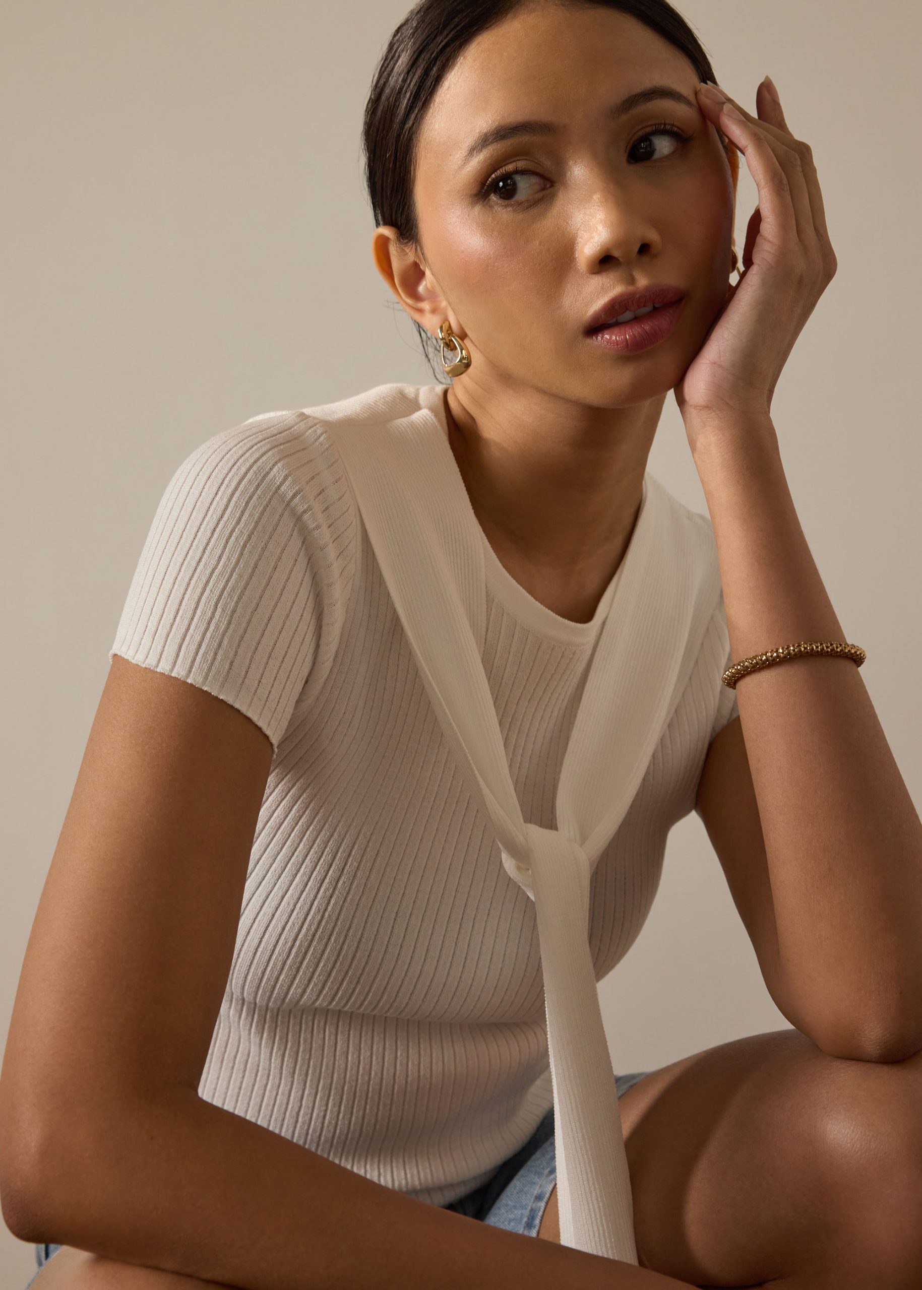 Knit Tie Collar Round Neck Top - Image 2