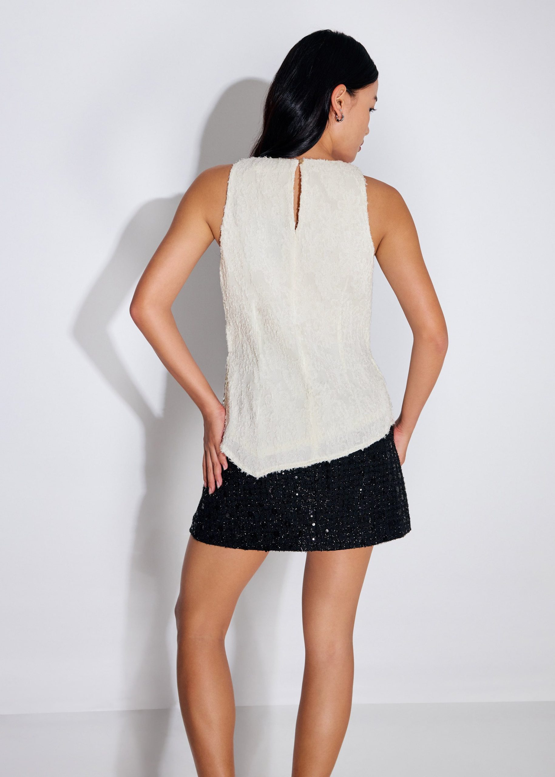 Faye Textured Asymmetric Hem Round Neck Top - Image 11