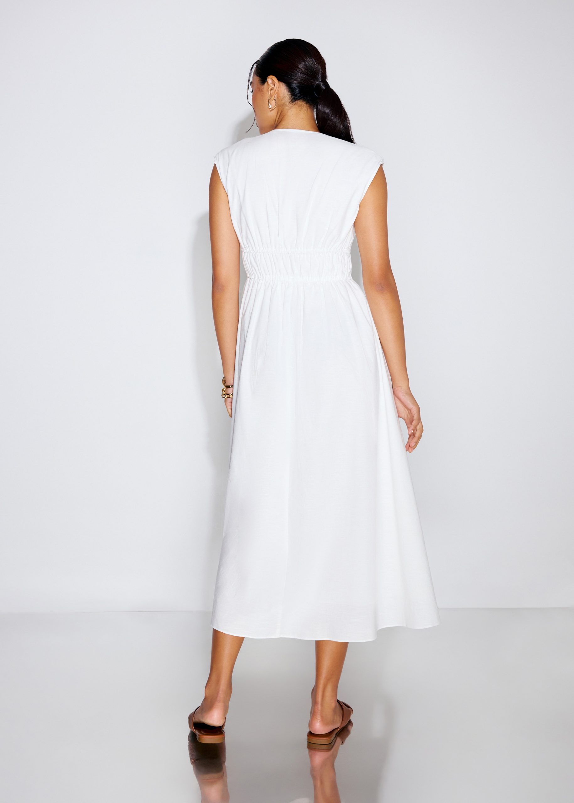 Linen Front Tie Fit & Flare Elastic Midaxi Dress - Image 10