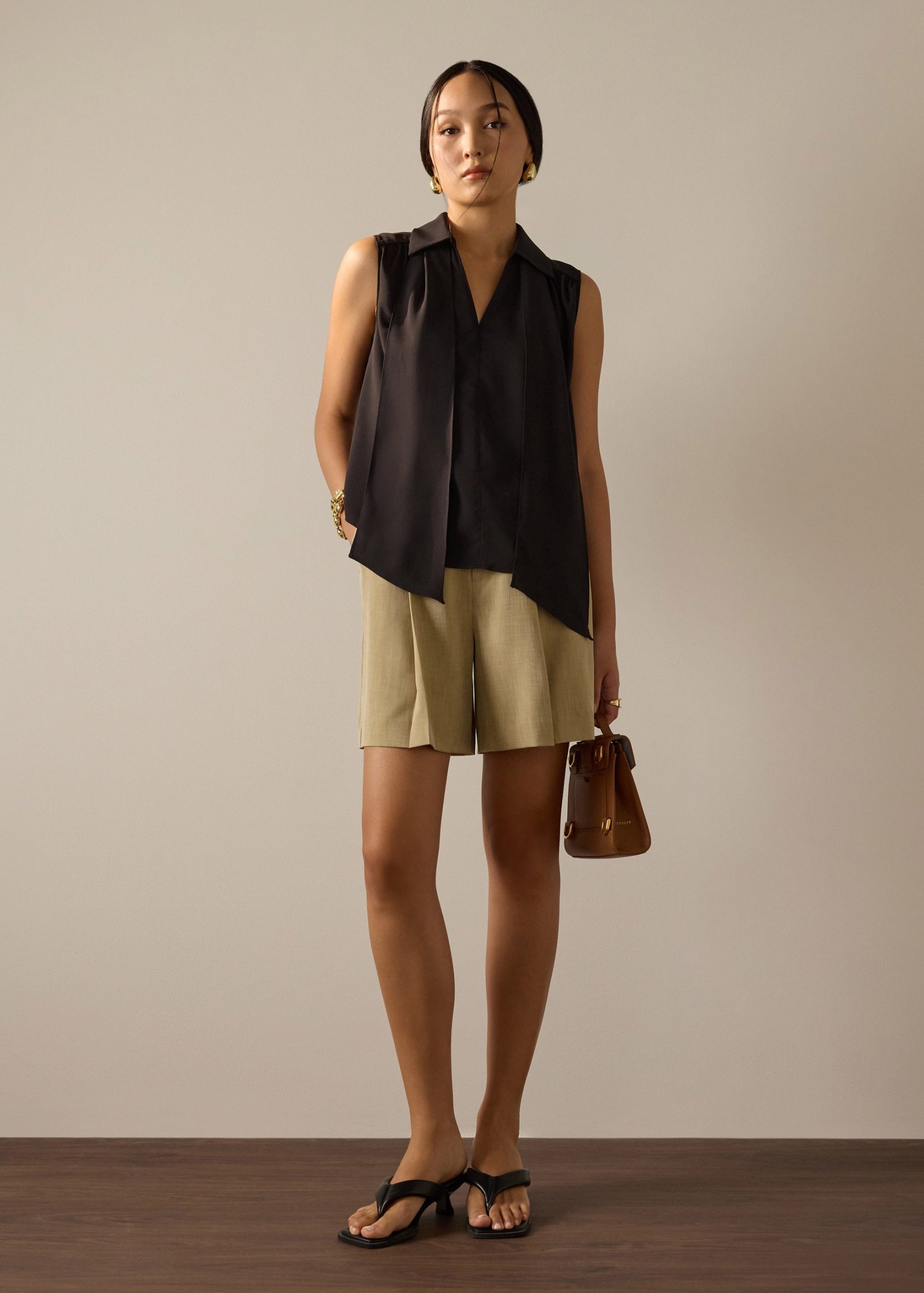 Ariska Detachable Sash Crepe Satin Collared Blouse - Image 3