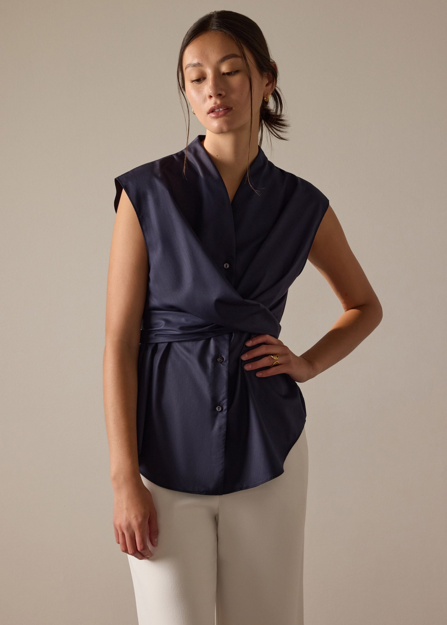 Ziyi Poplin Front Wrap Mandarin Collar Shirt - Image 8