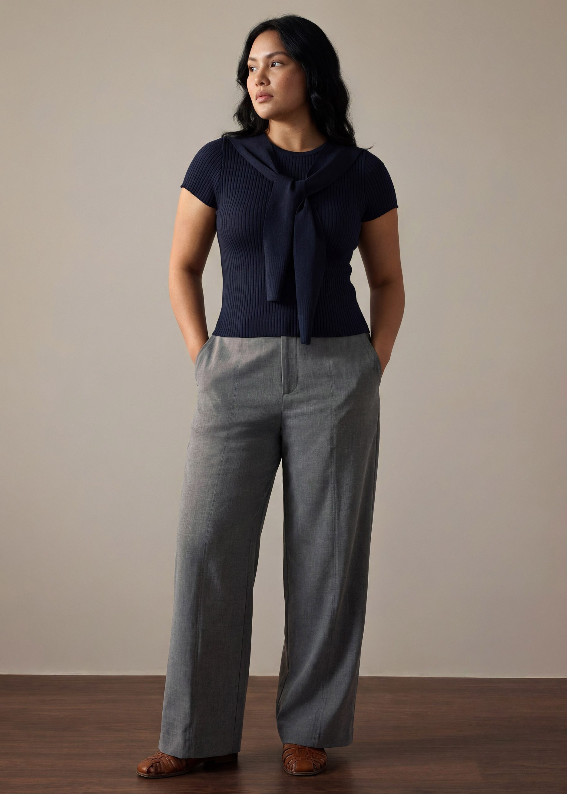 Knit Tie Collar Round Neck Top - Image 10