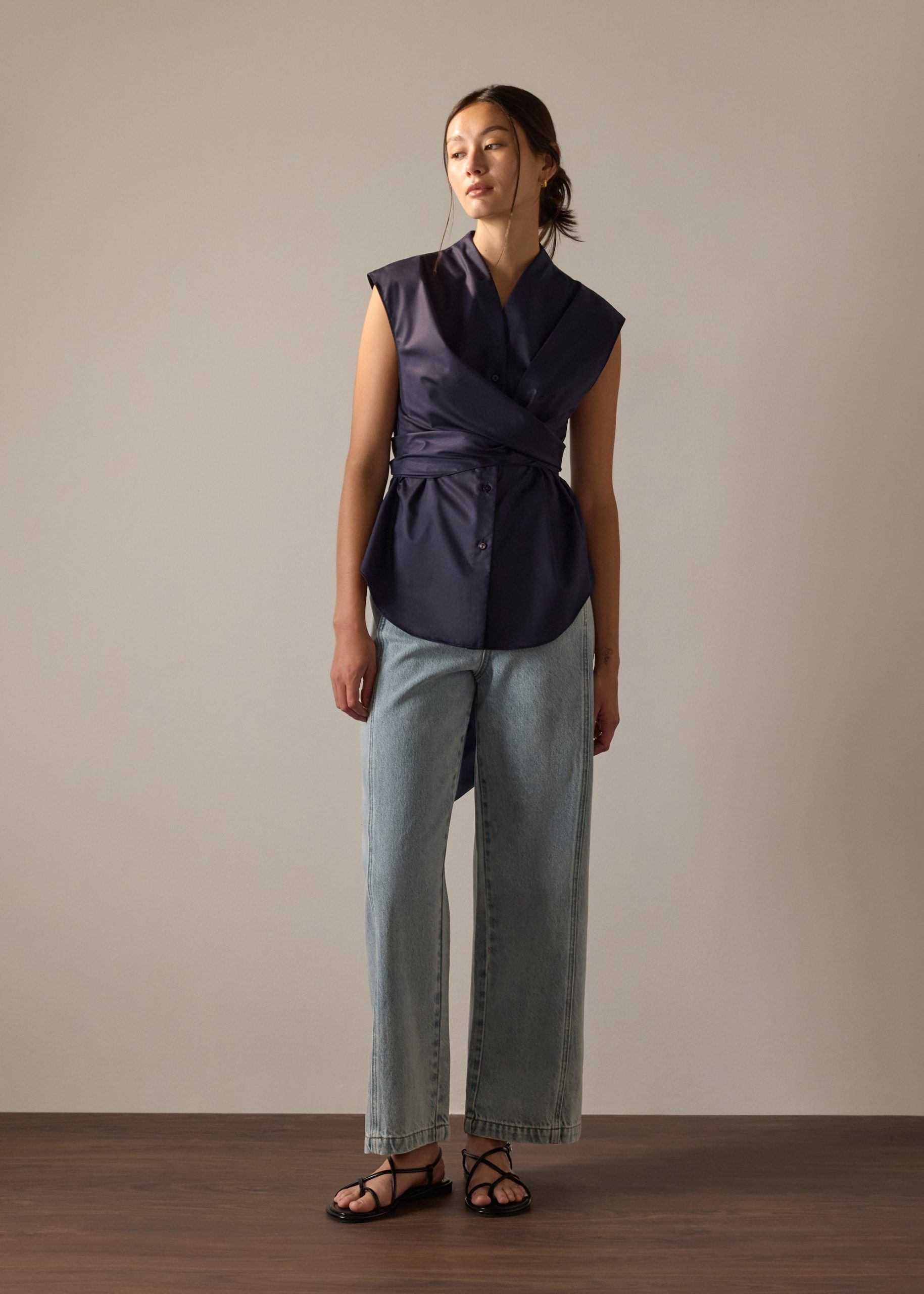 Ziyi Poplin Front Wrap Mandarin Collar Shirt - Image 14