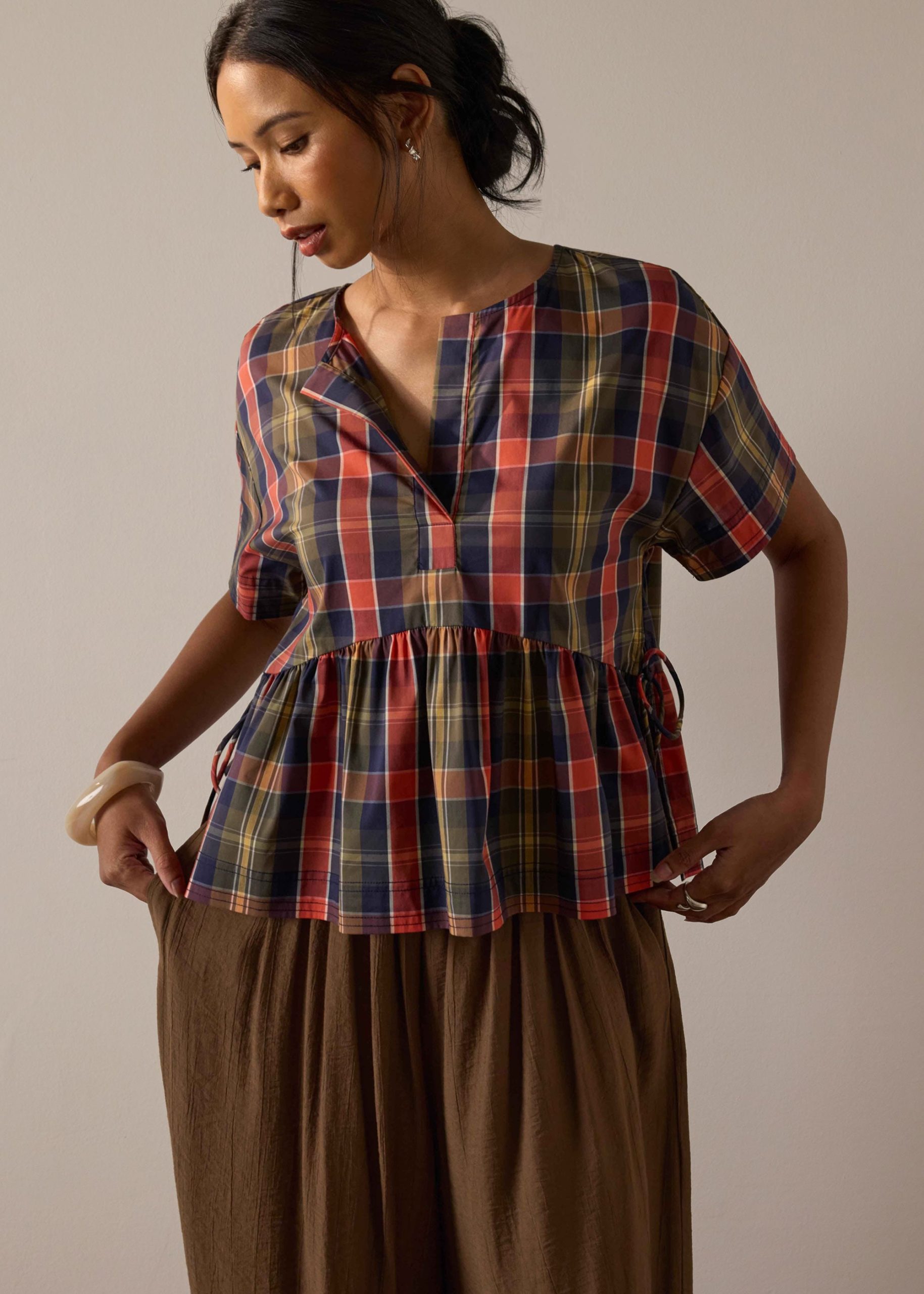 Checkered Cotton Peplum Top