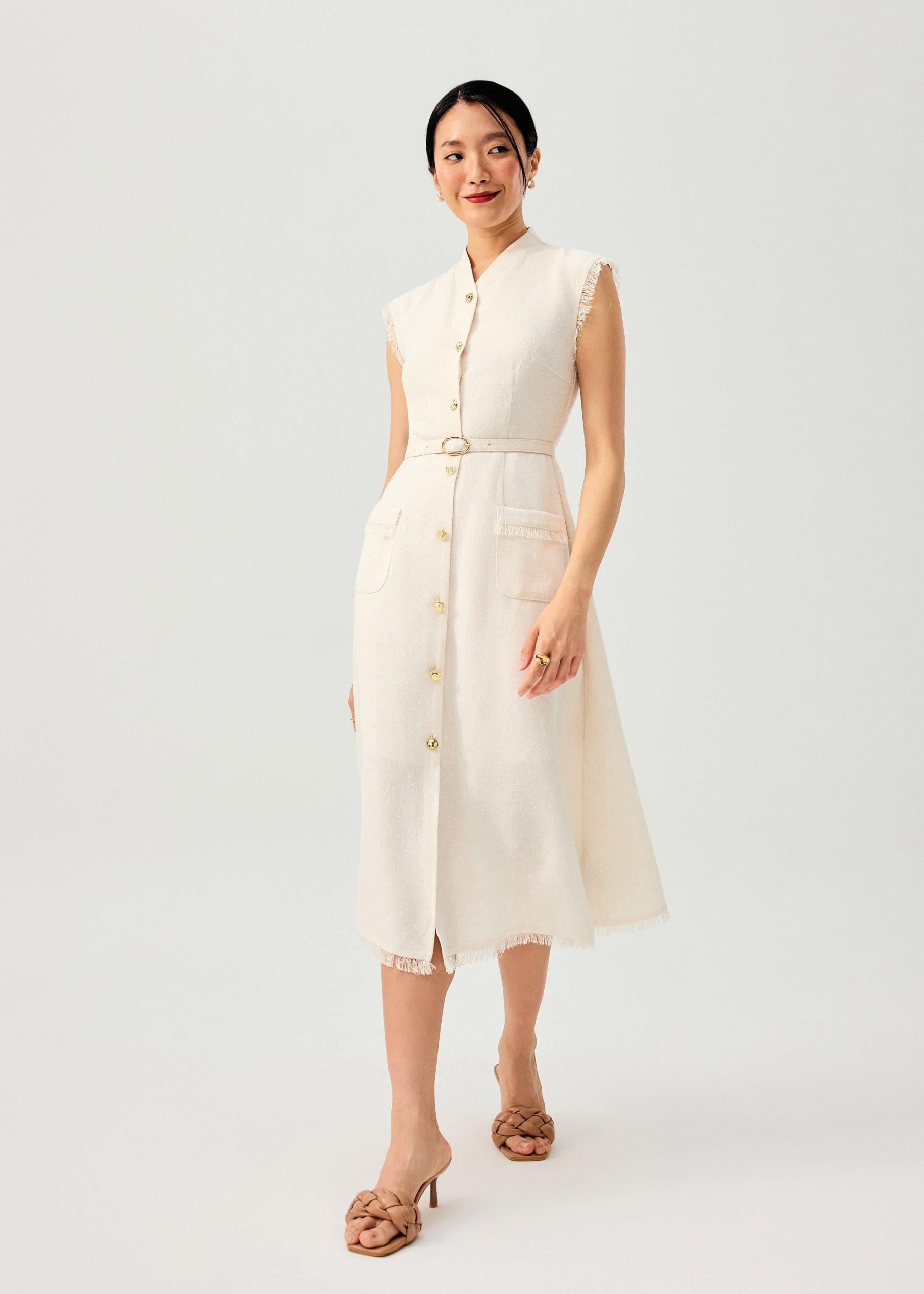 Fei Belted Tweed Mandarin Collar Fit & Flare Midaxi Dress - Image 9