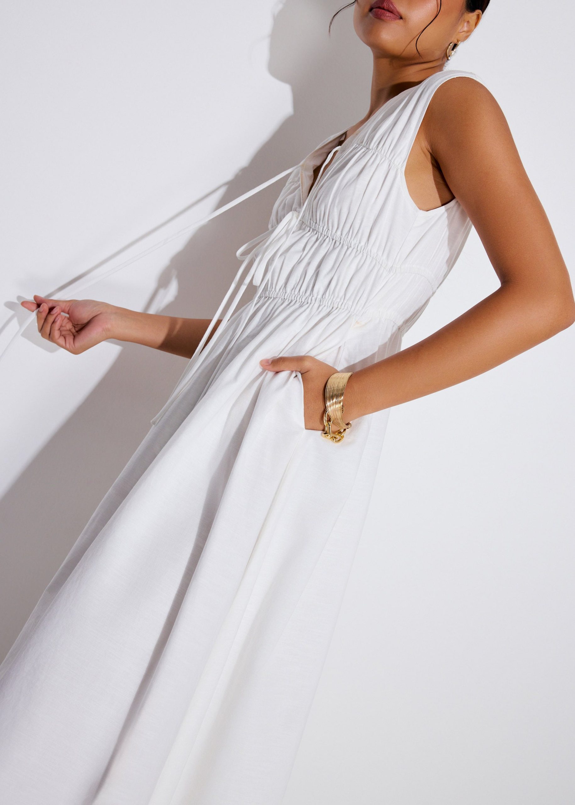 Linen Front Tie Fit & Flare Elastic Midaxi Dress - Image 8