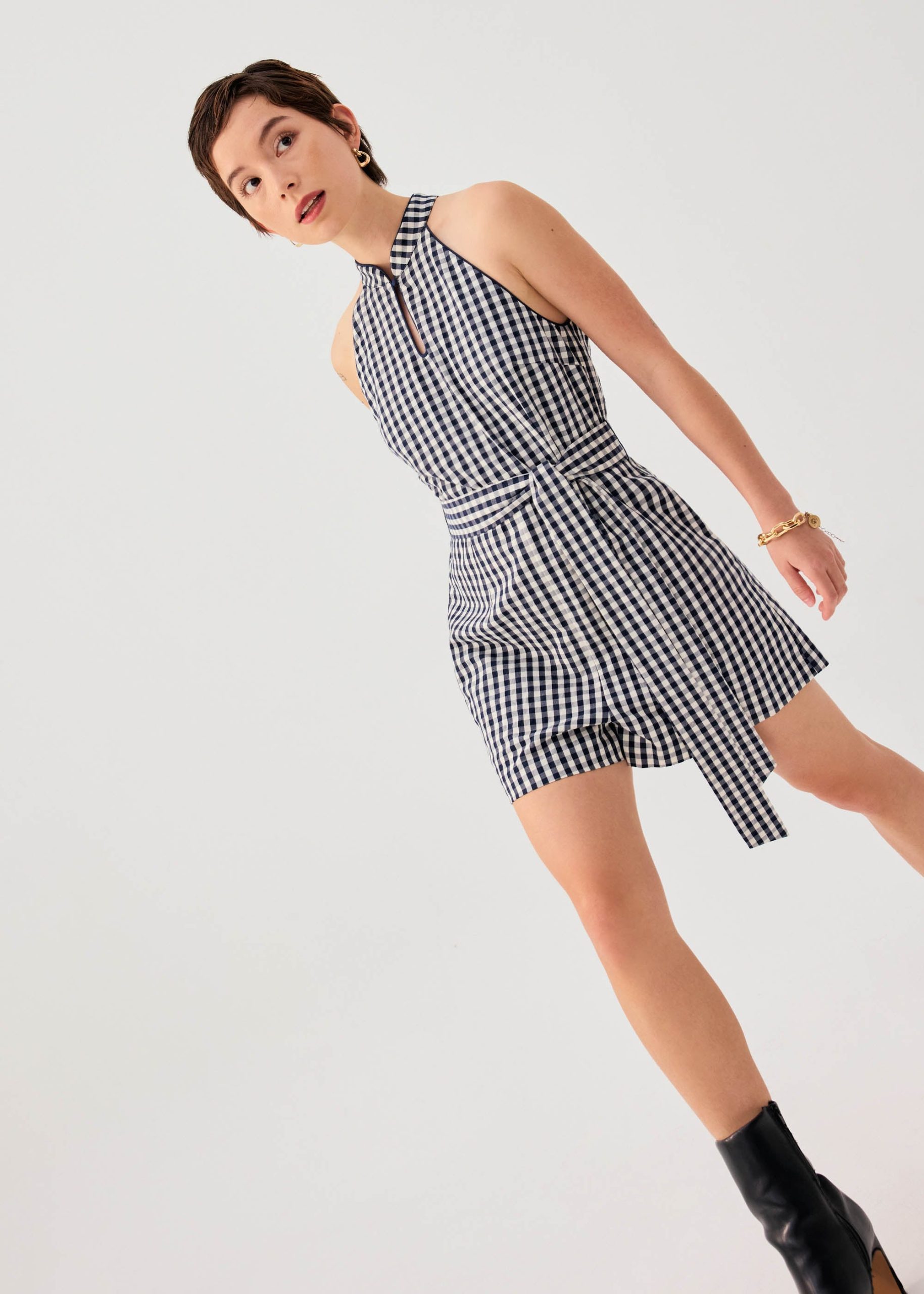 Gingham Cotton Mandarin Collar A-line Romper - Image 7