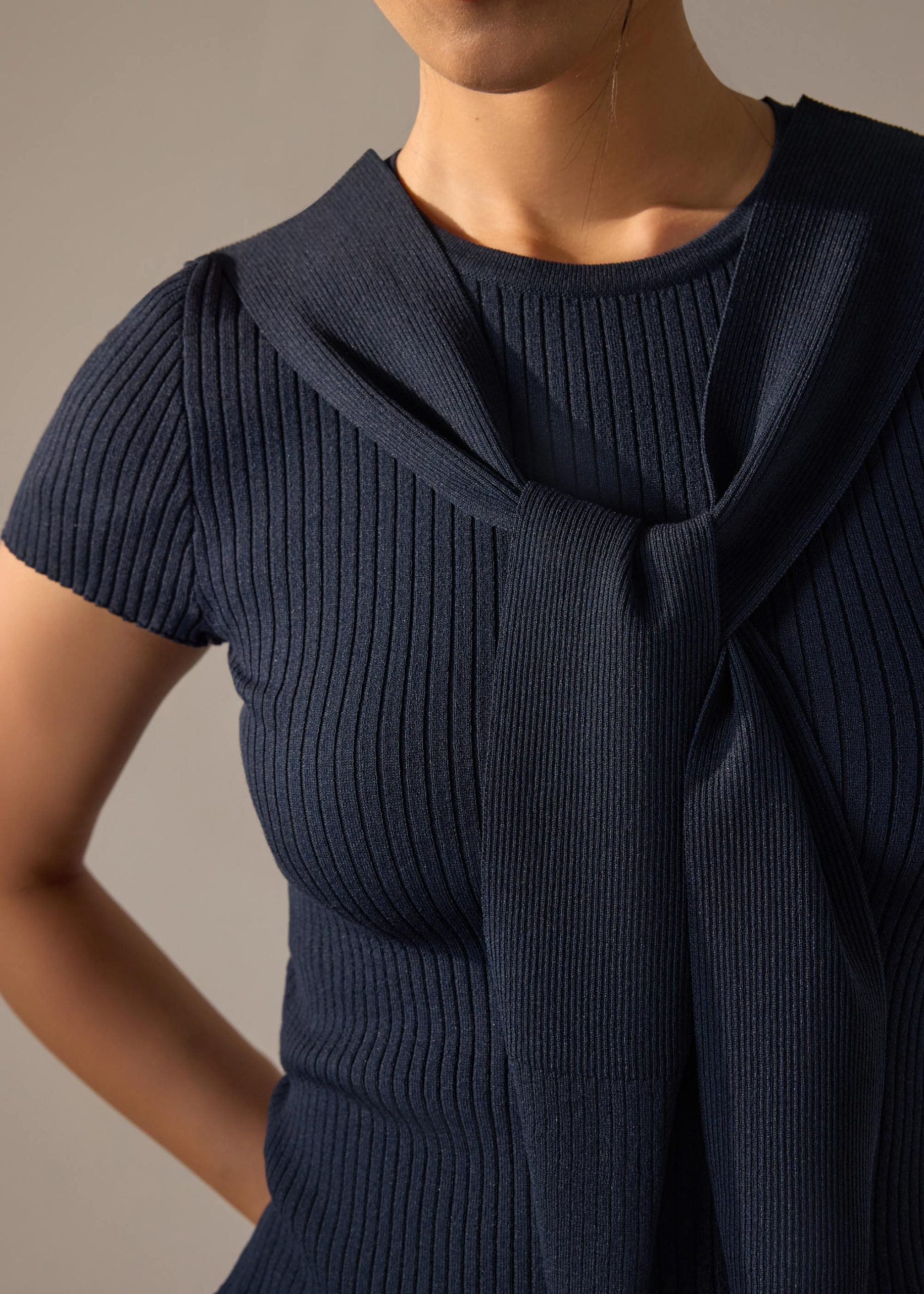 Knit Tie Collar Round Neck Top - Image 14