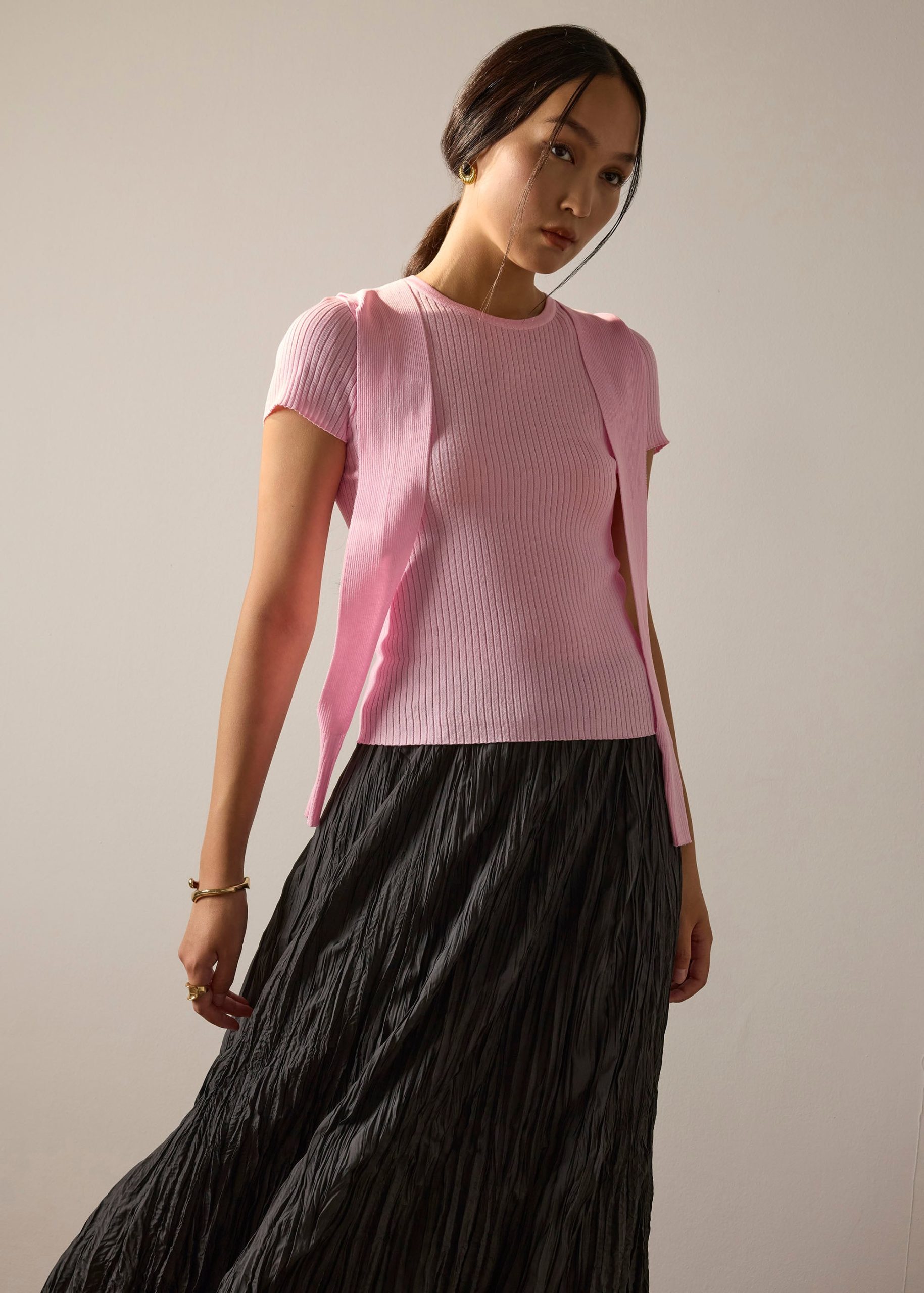 Knit Tie Collar Round Neck Top - Image 12