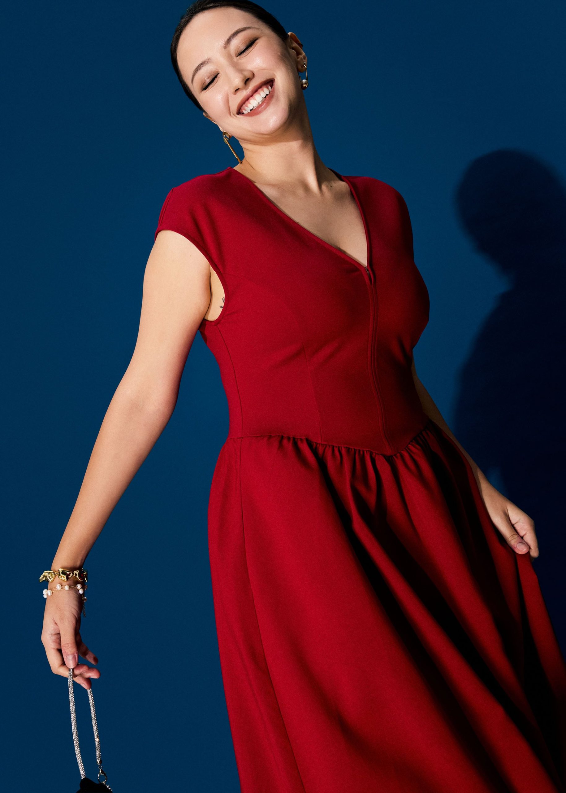 Panelled Mixed Fabric V-Neck Fit & Flare Midaxi Dress - Image 8