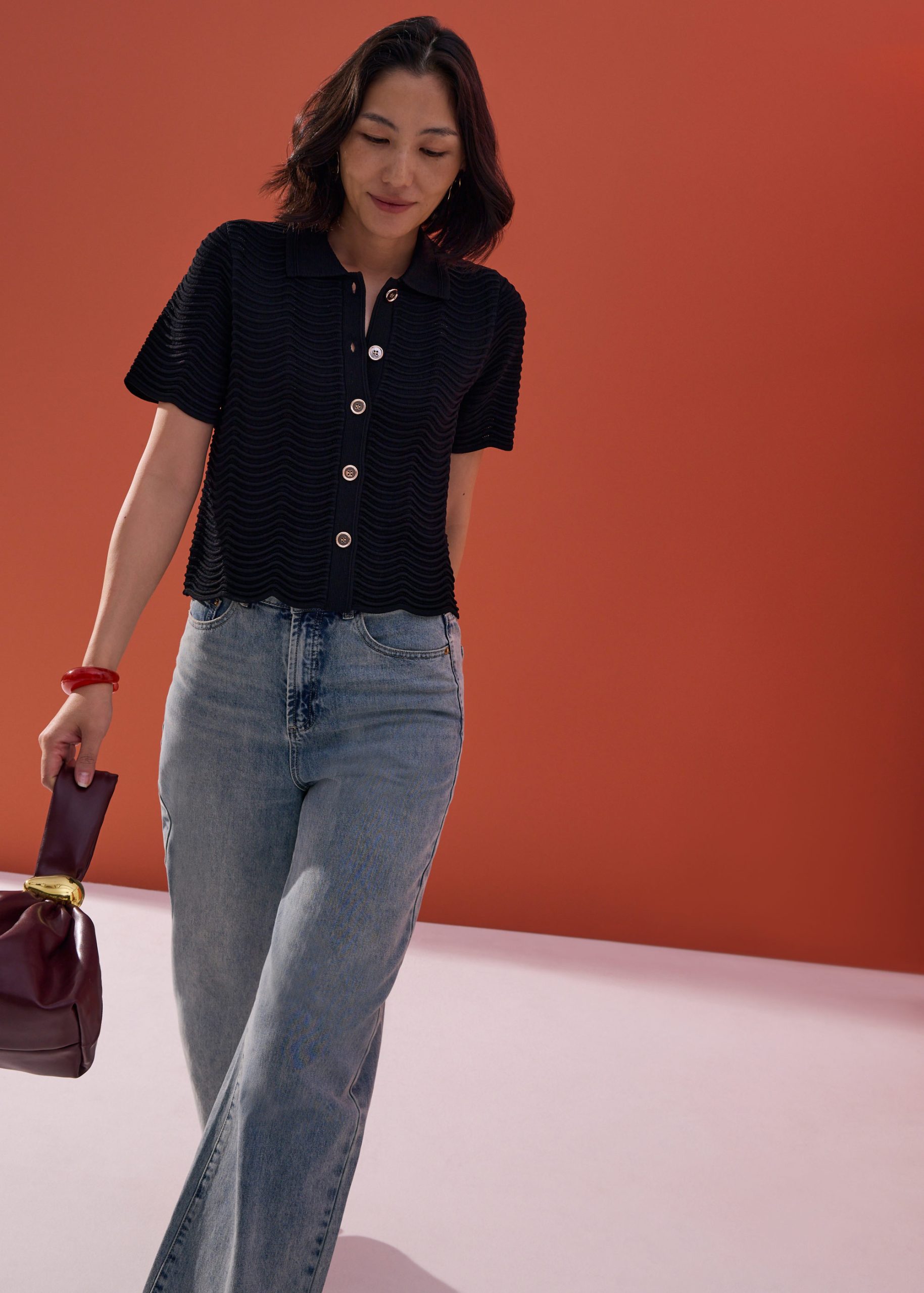 Wavy Knit Collared Boxy Cardigan - Image 4