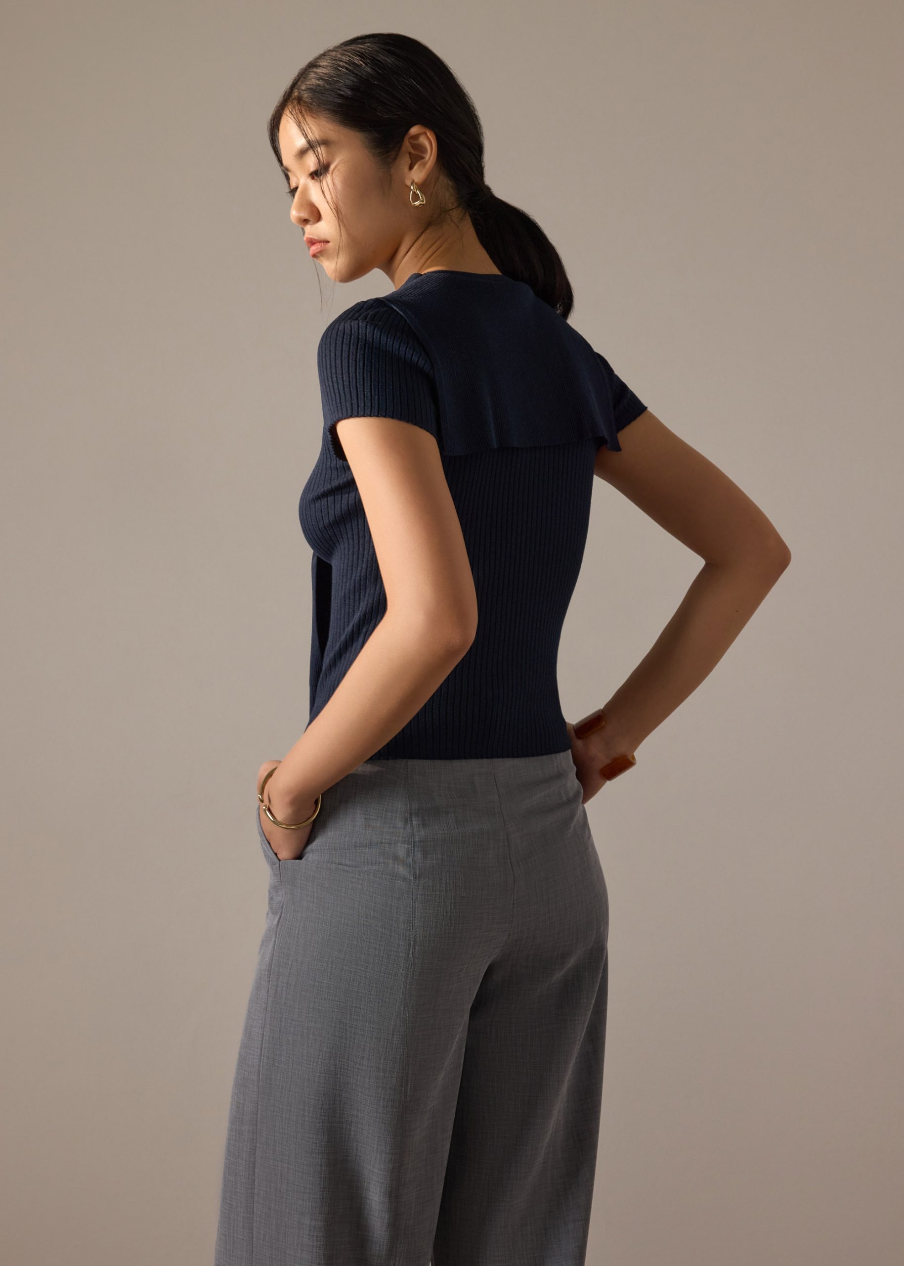 Knit Tie Collar Round Neck Top - Image 13