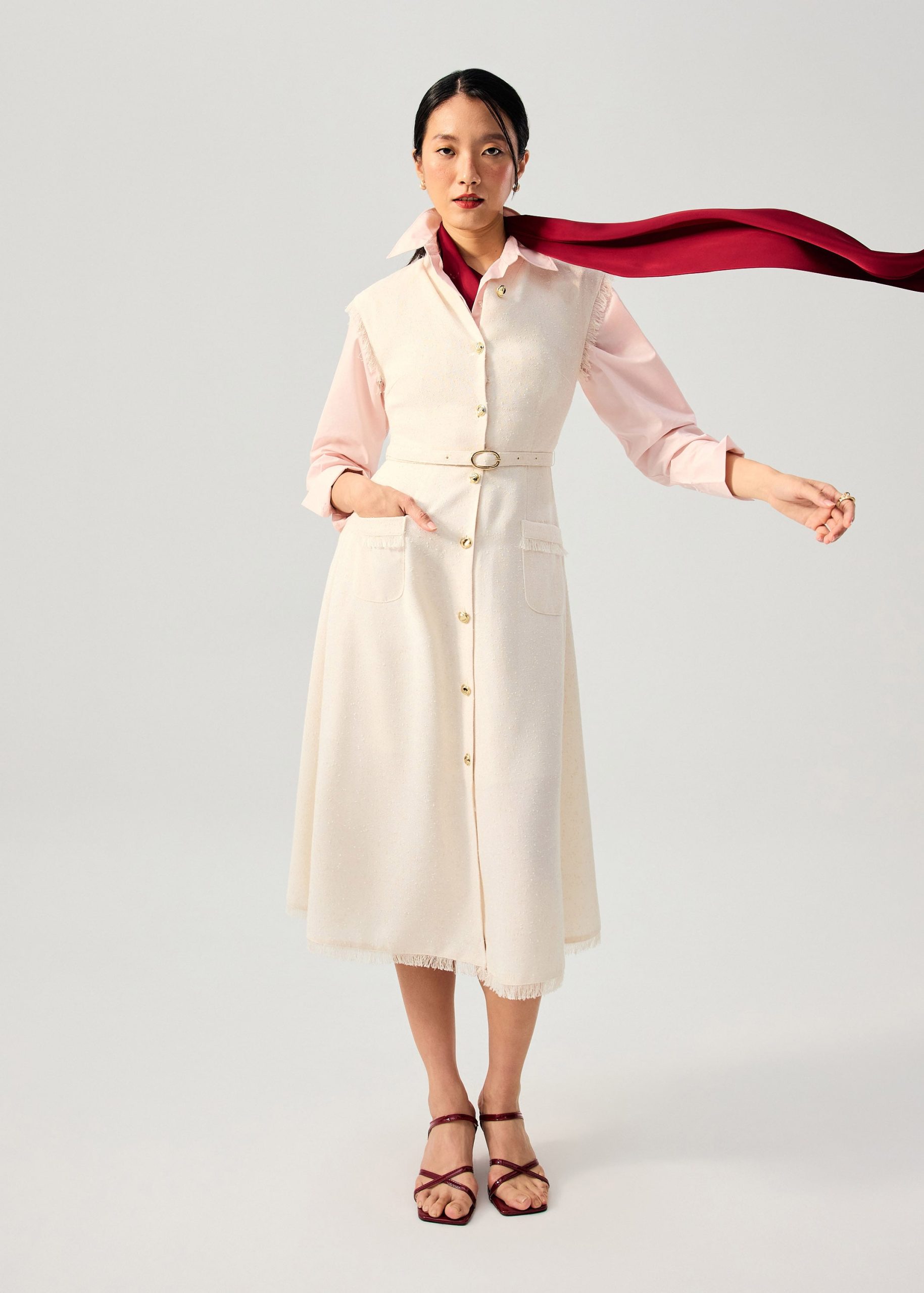 Fei Belted Tweed Mandarin Collar Fit & Flare Midaxi Dress - Image 12
