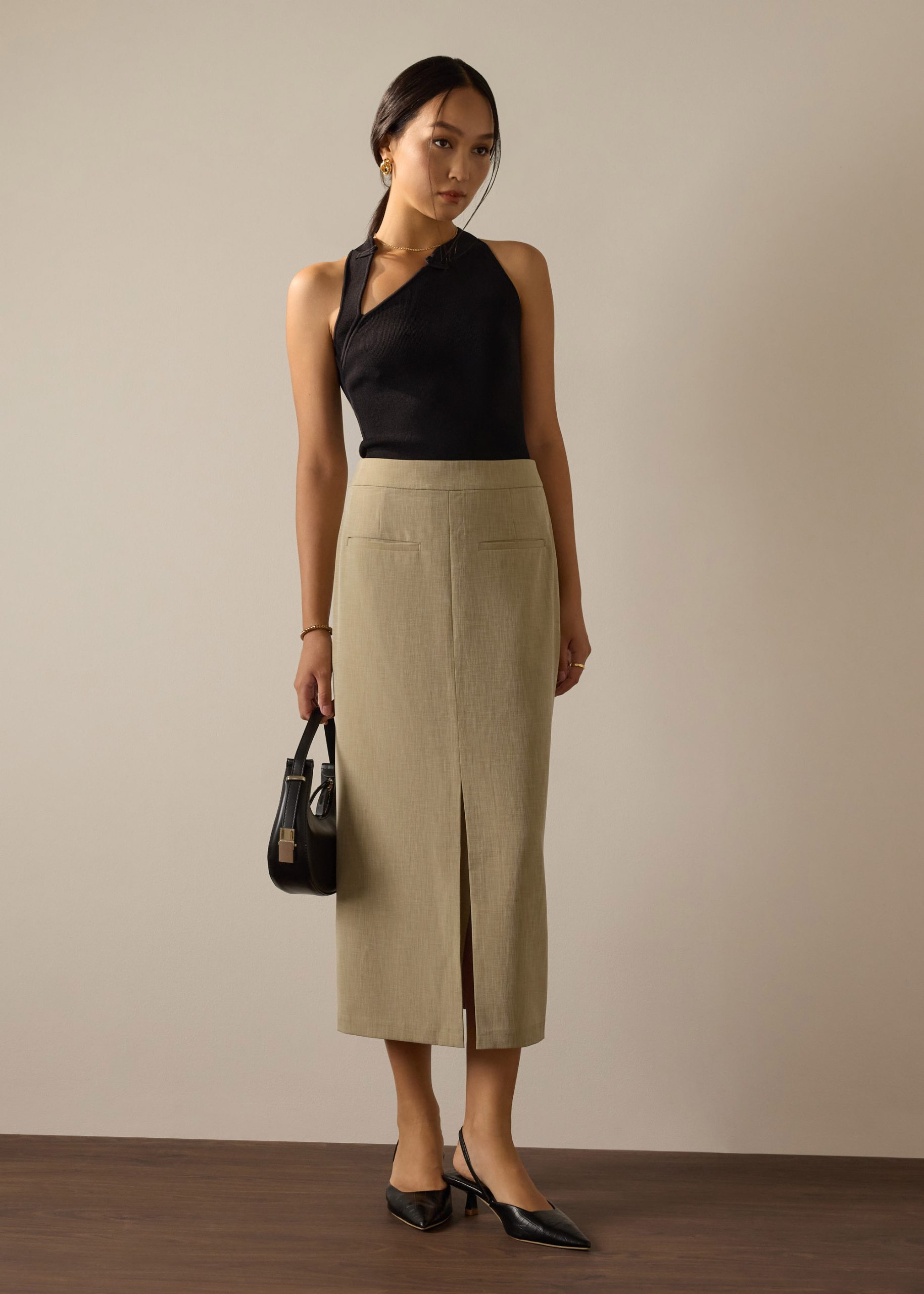 Ikumi Adjustable Waist Melange Column Midaxi Skirt