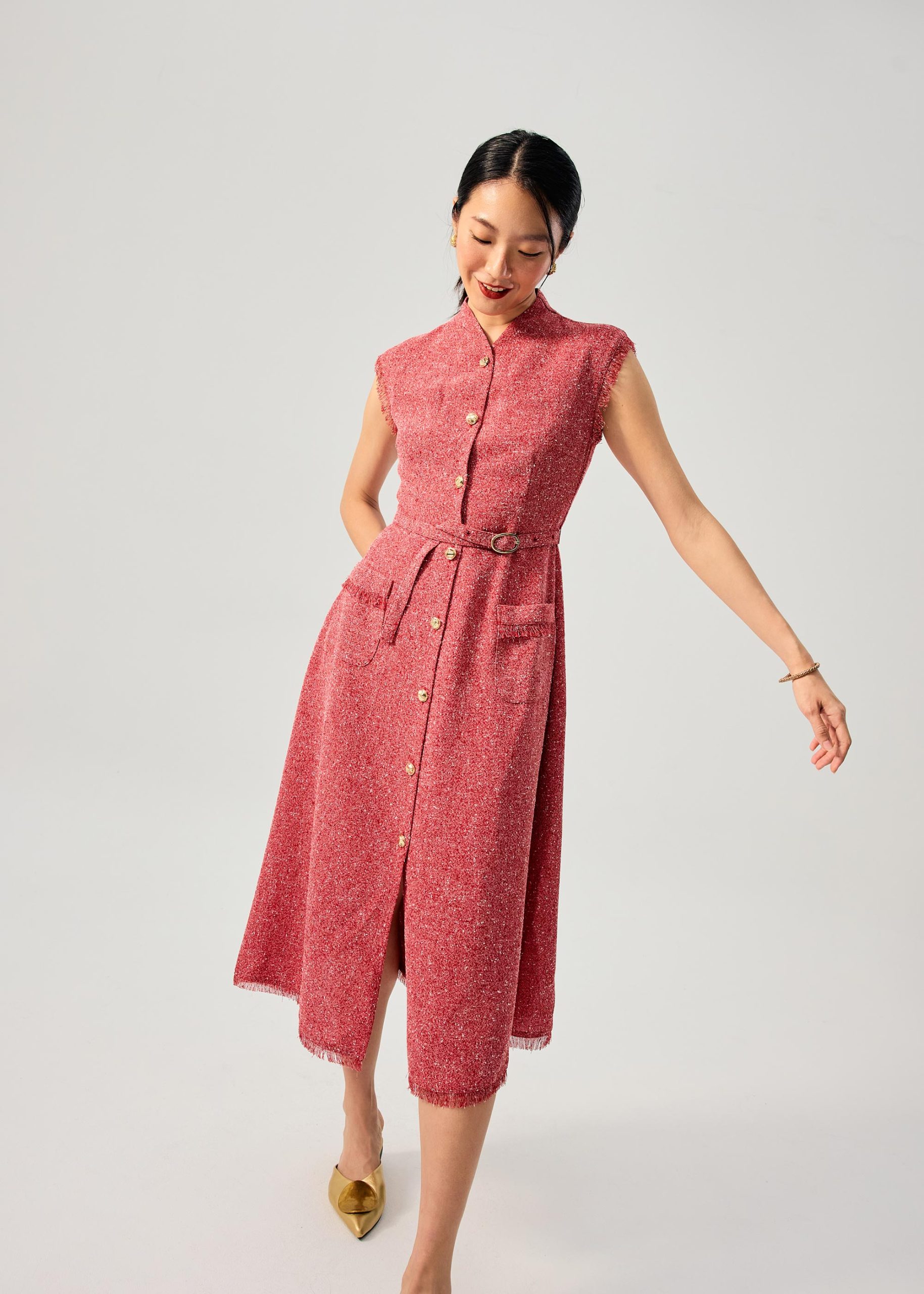 Fei Belted Tweed Mandarin Collar Fit & Flare Midaxi Dress - Image 5