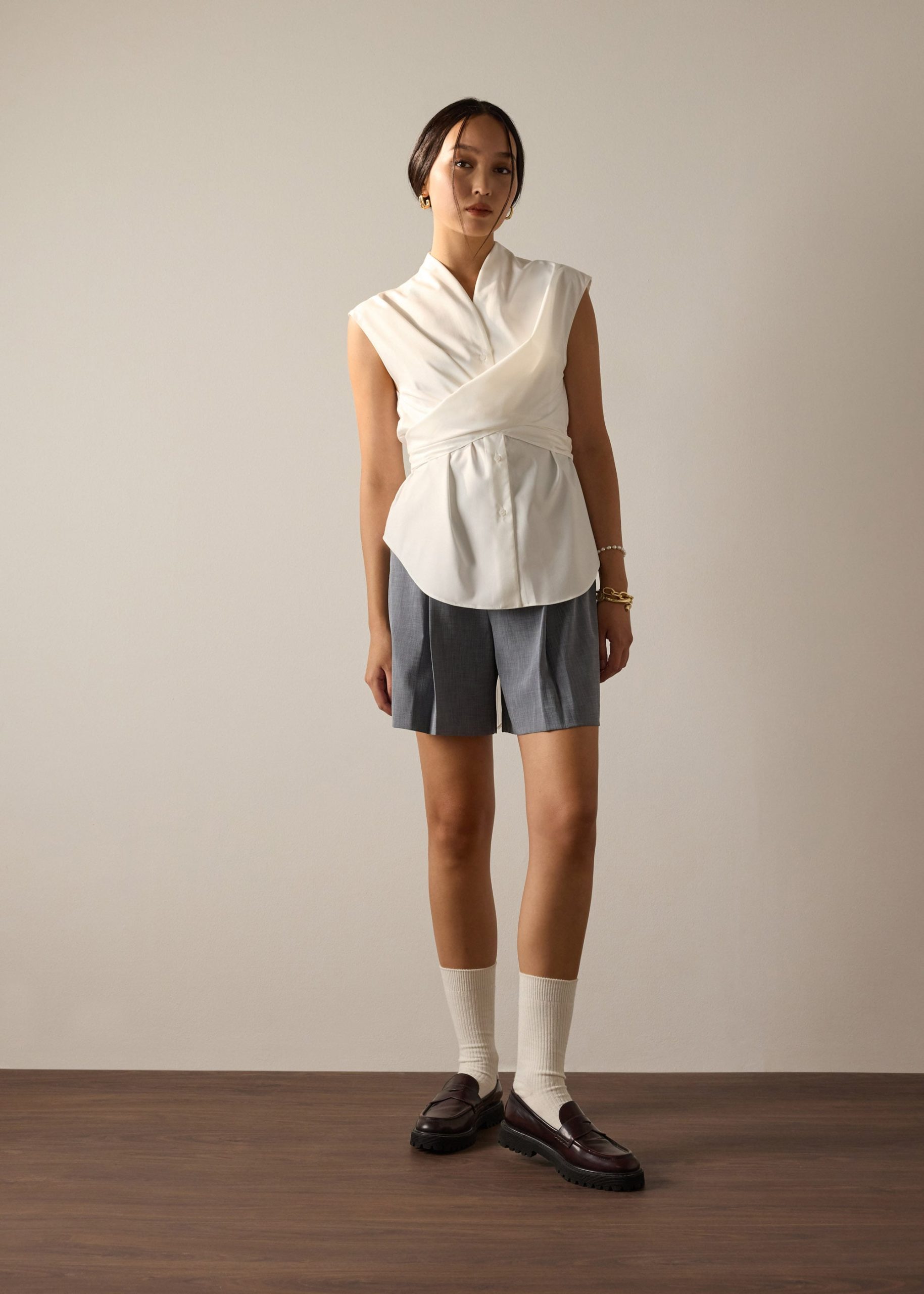 Ziyi Poplin Front Wrap Mandarin Collar Shirt - Image 2