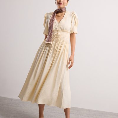 V-Neck Puff Sleeve Fit & Flare Midaxi Dress