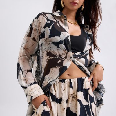 Georgette Oversized Sheer Tunic Shirt in Garden City Blooms
