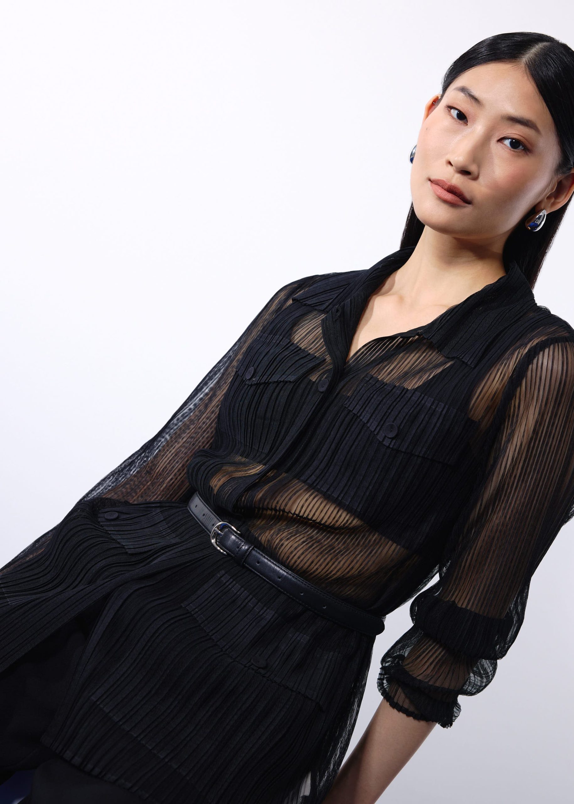 Sheer Plisse Collared Button Down Shirt - Image 3