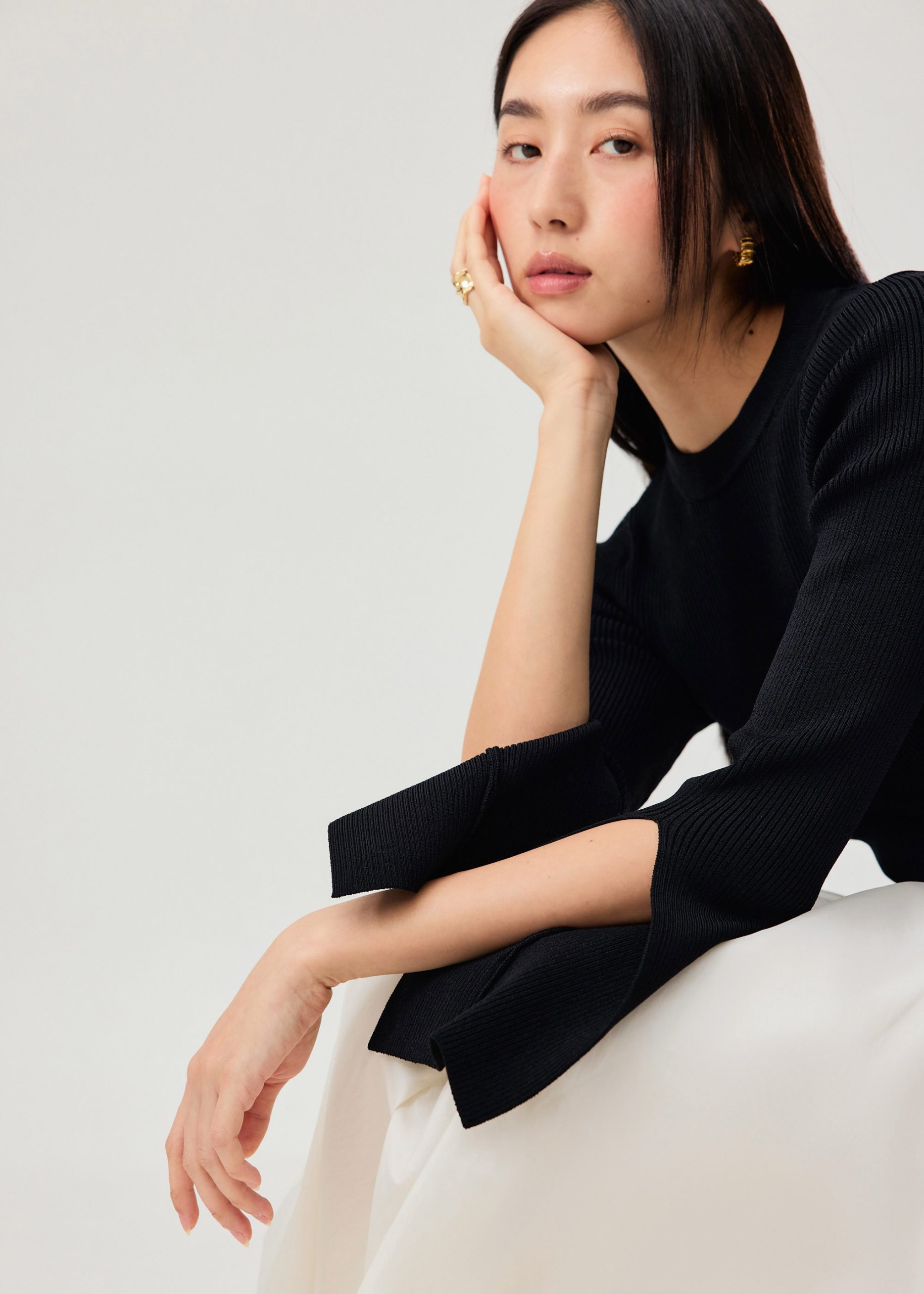 Asymmetric Hem Mock Neck Bell Sleeve Top - Image 3