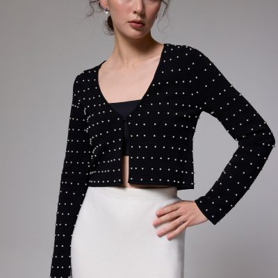 Pearl Embellished Crop Knit Cardigan