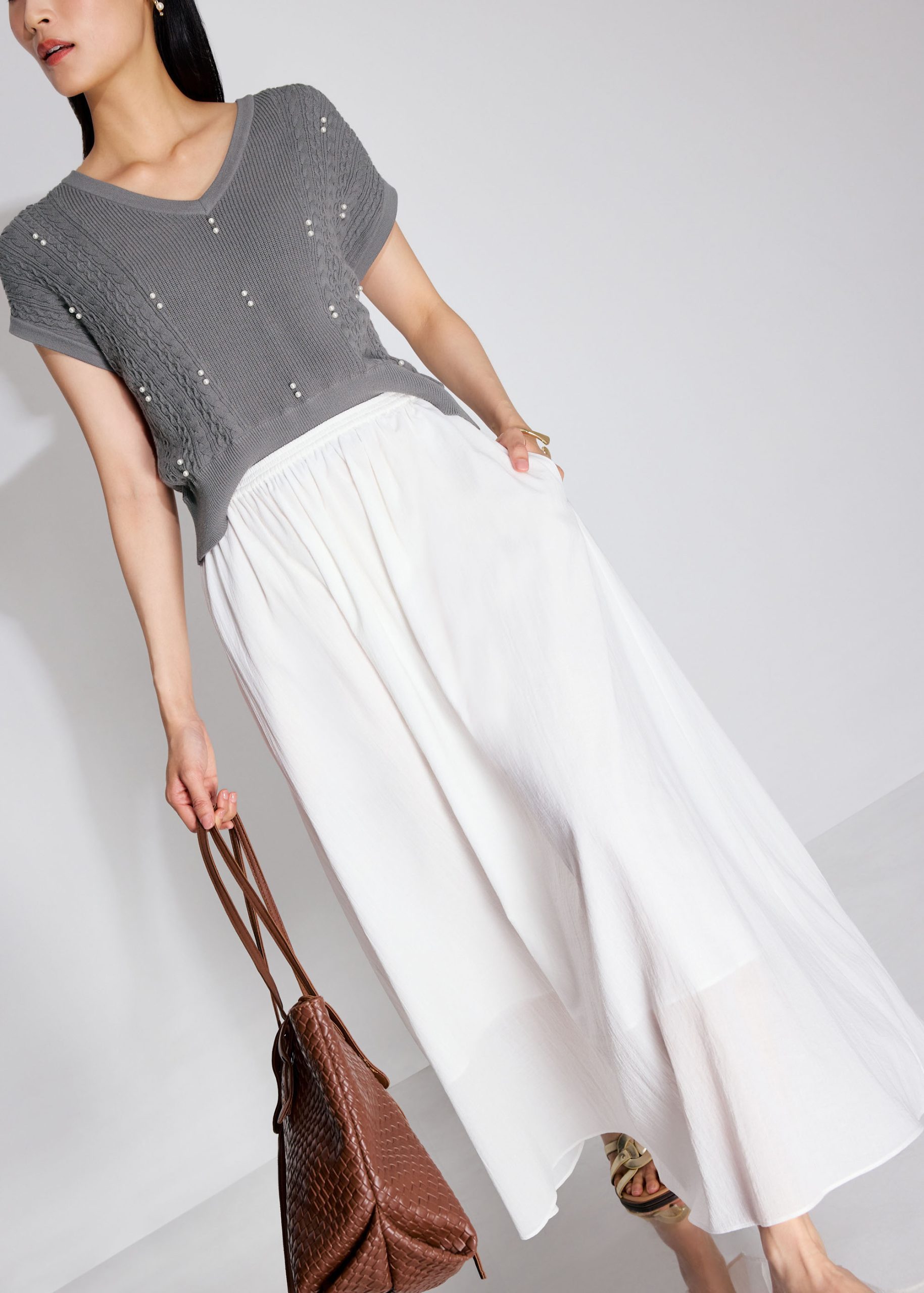 Elastic Cotton High Waist Flare Maxi Skirt - Image 3