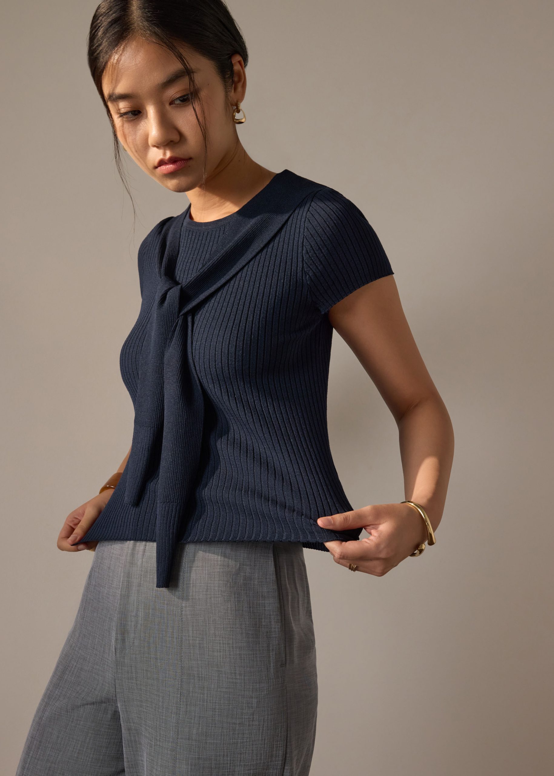 Knit Tie Collar Round Neck Top - Image 11