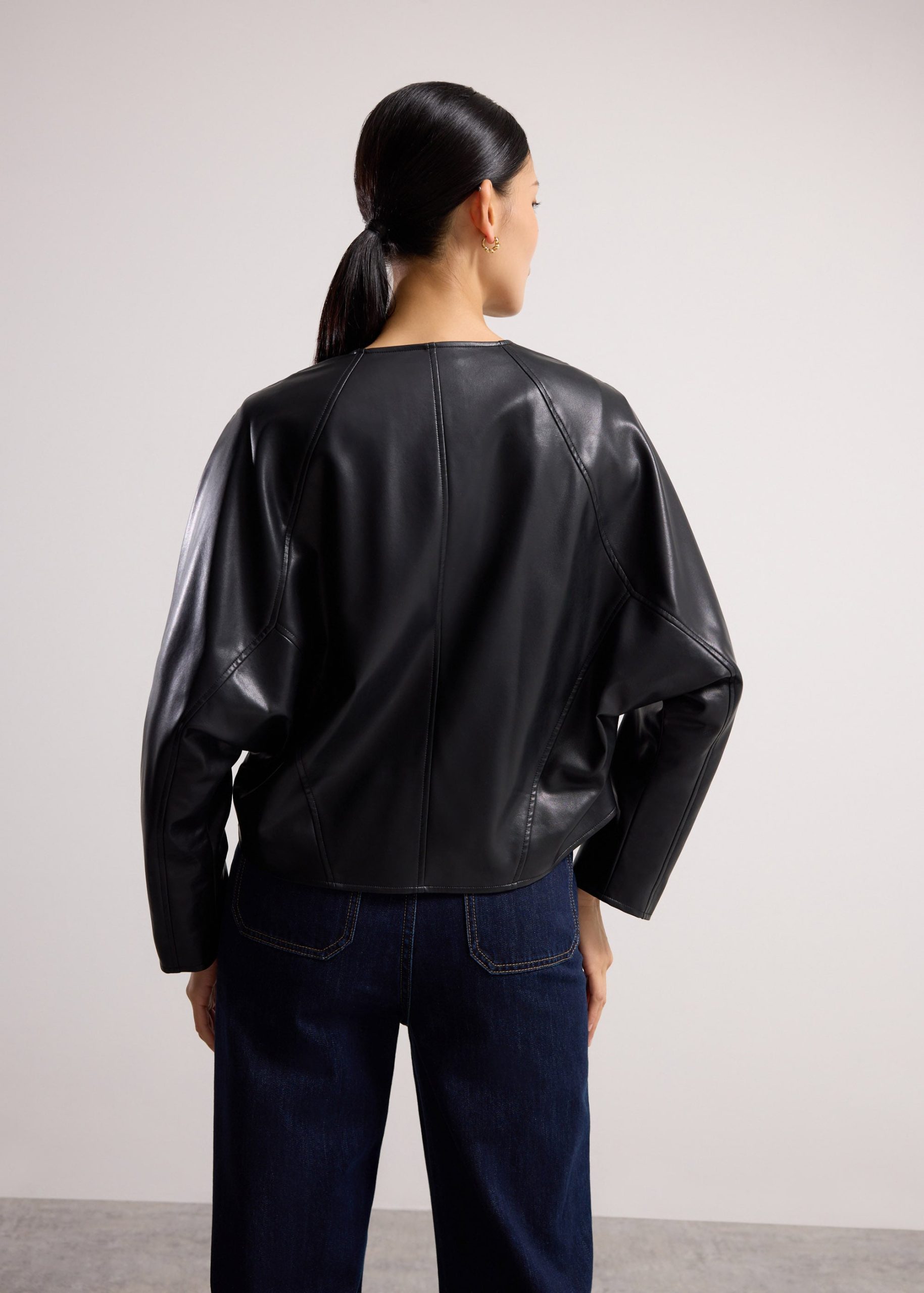 Relaxed Vegan Leather Collarless Button Down Jacket - Image 6