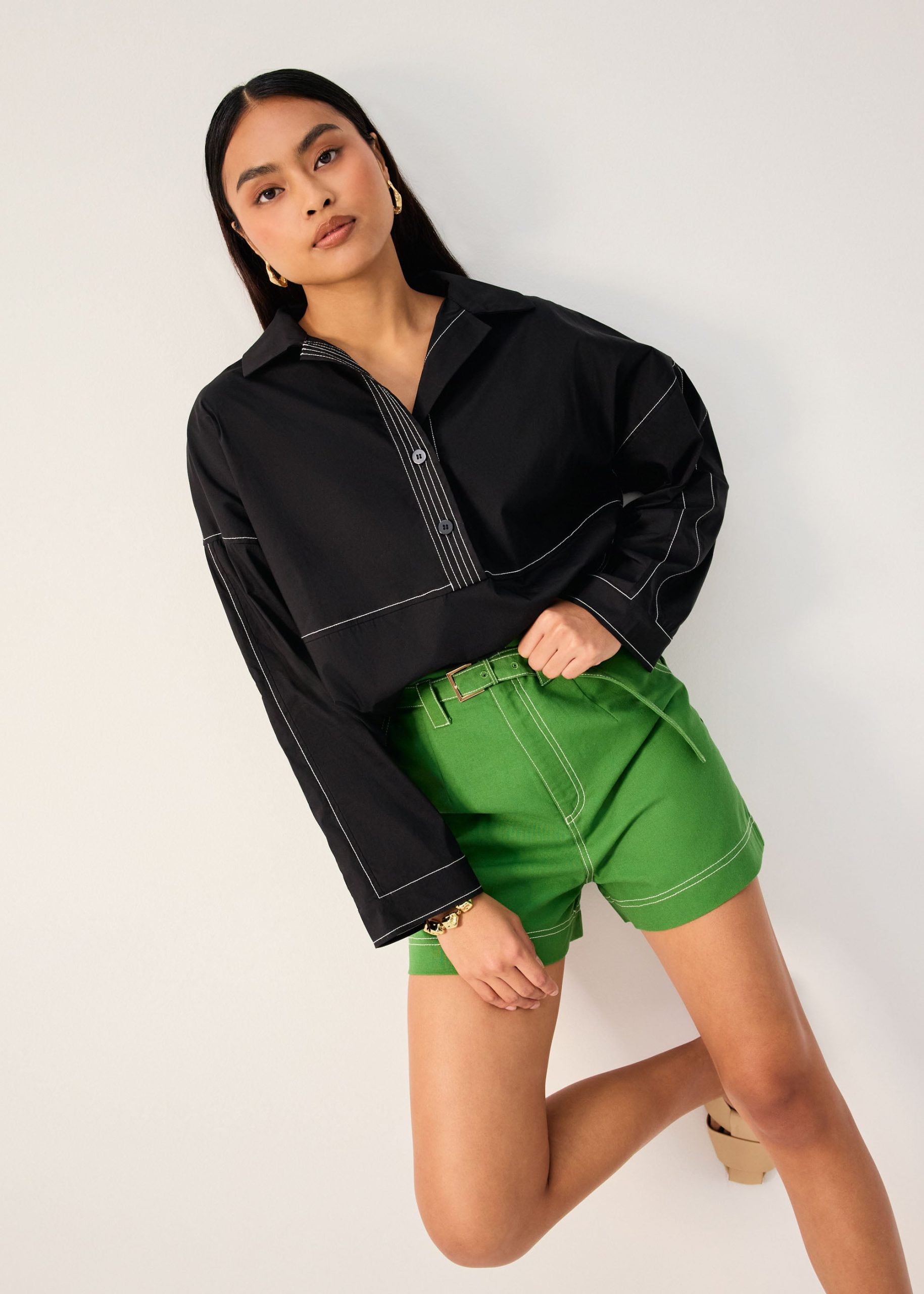 Relaxed Contrast Stitch Cotton Collared Shirt - Image 6
