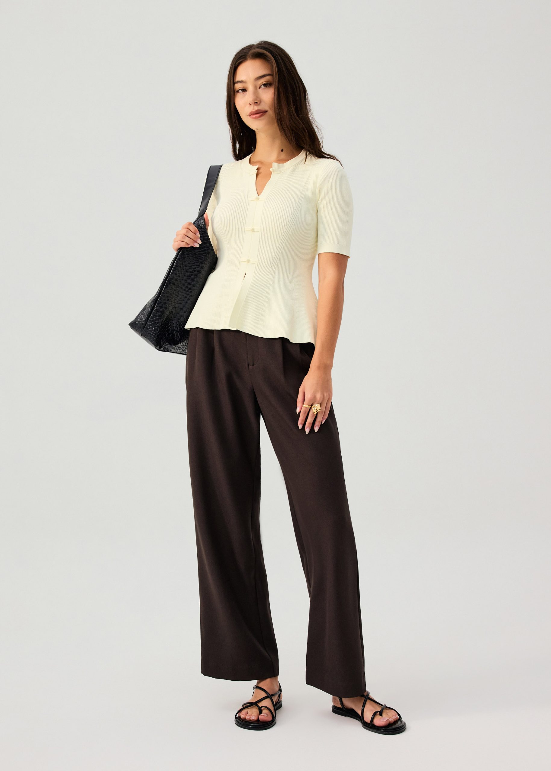 Ribbed Knit Round Neck Peplum Top - Image 3