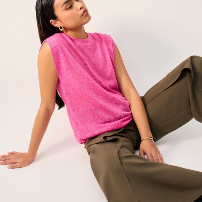 Relaxed Sheer Jersey Toggle Hem Round Neck Shell Top