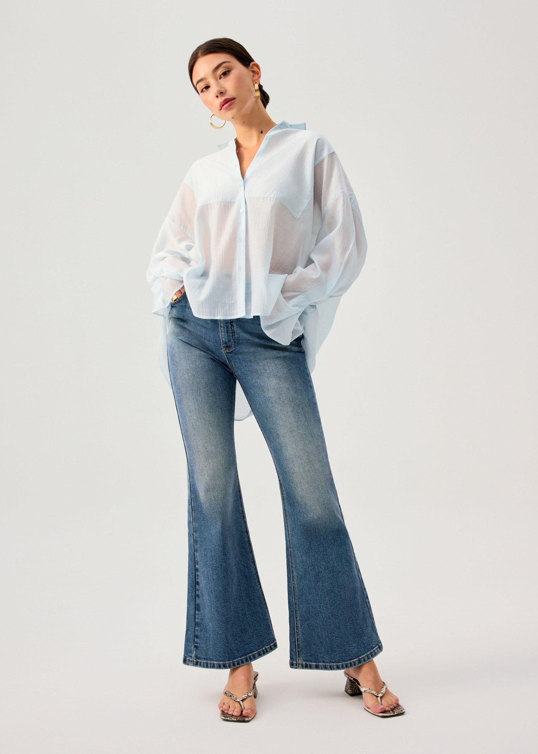 Oversized Sheer Lyocell Collared Poet Sleeve Blouse - Image 11