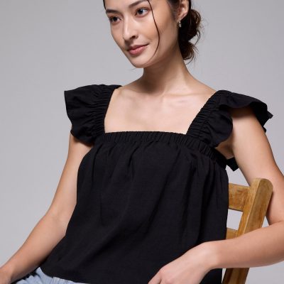 Elastic Straight Neck Ruffle Sleeve Top