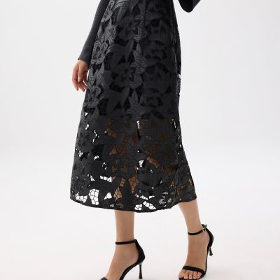 Vegan Leather Lace A-line Midaxi Skirt