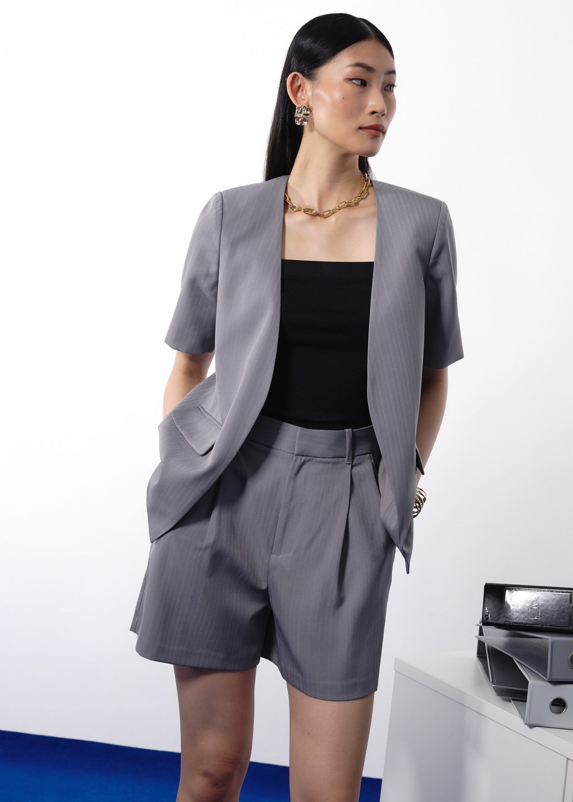 Dylan Pinstripe Collarless Boxy Blazer - Image 4