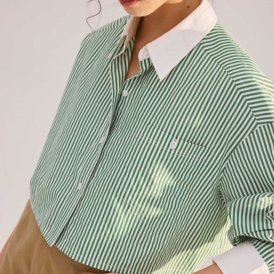 RuchedReady® Striped Cotton Collared Boxy Button Down Top