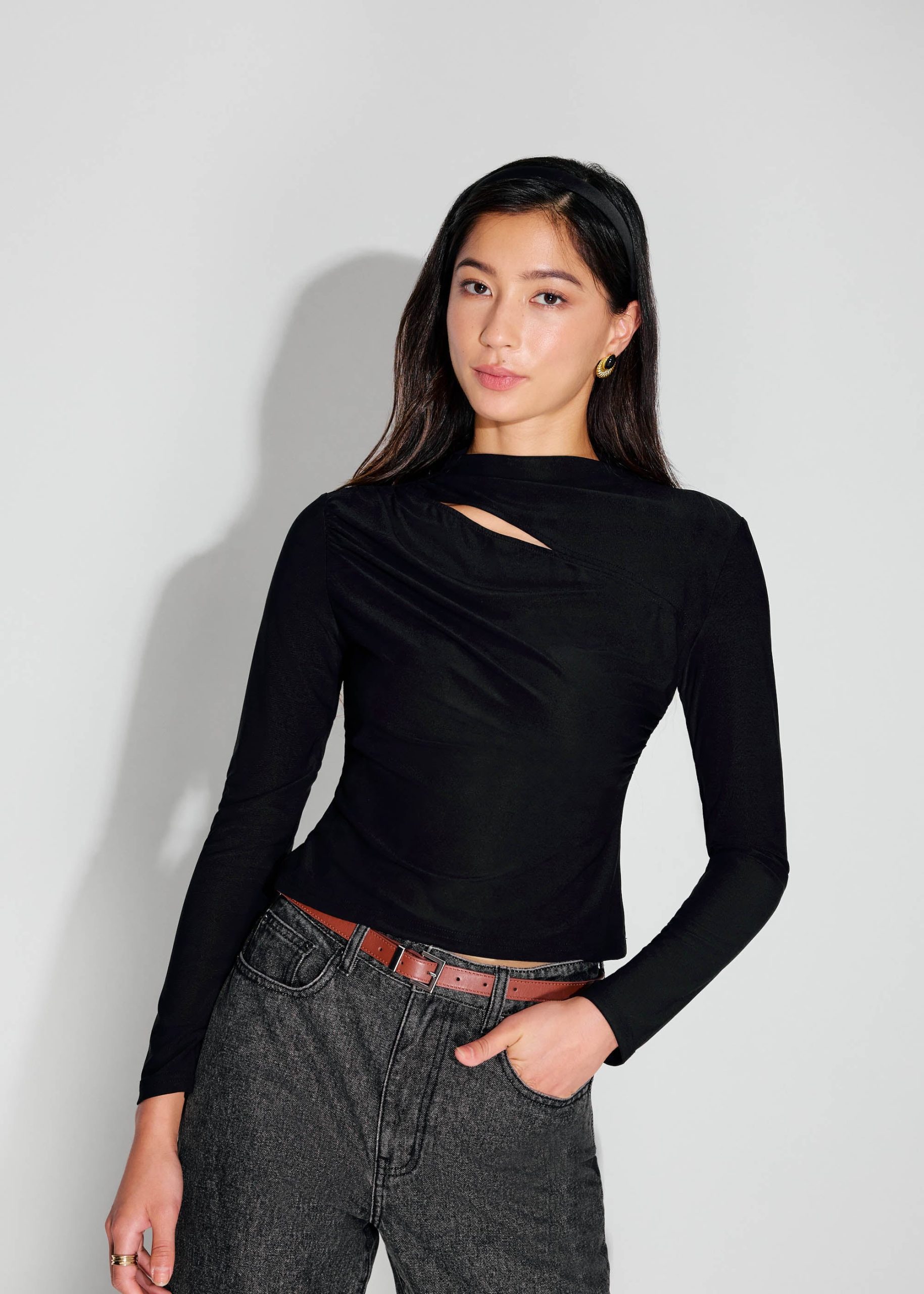 Jersey Asymmetric Cut Out Mock Neck Top - Image 2