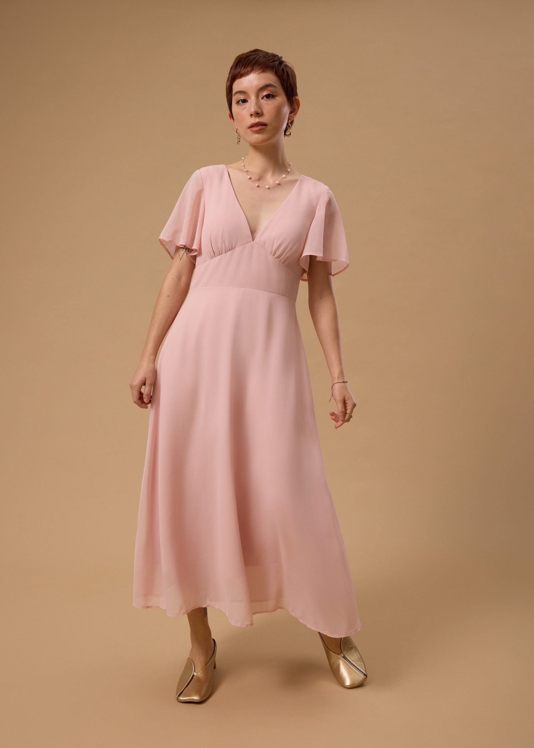 BraFree by LB Georgette Flutter Sleeve Bias Cut Midi Dress