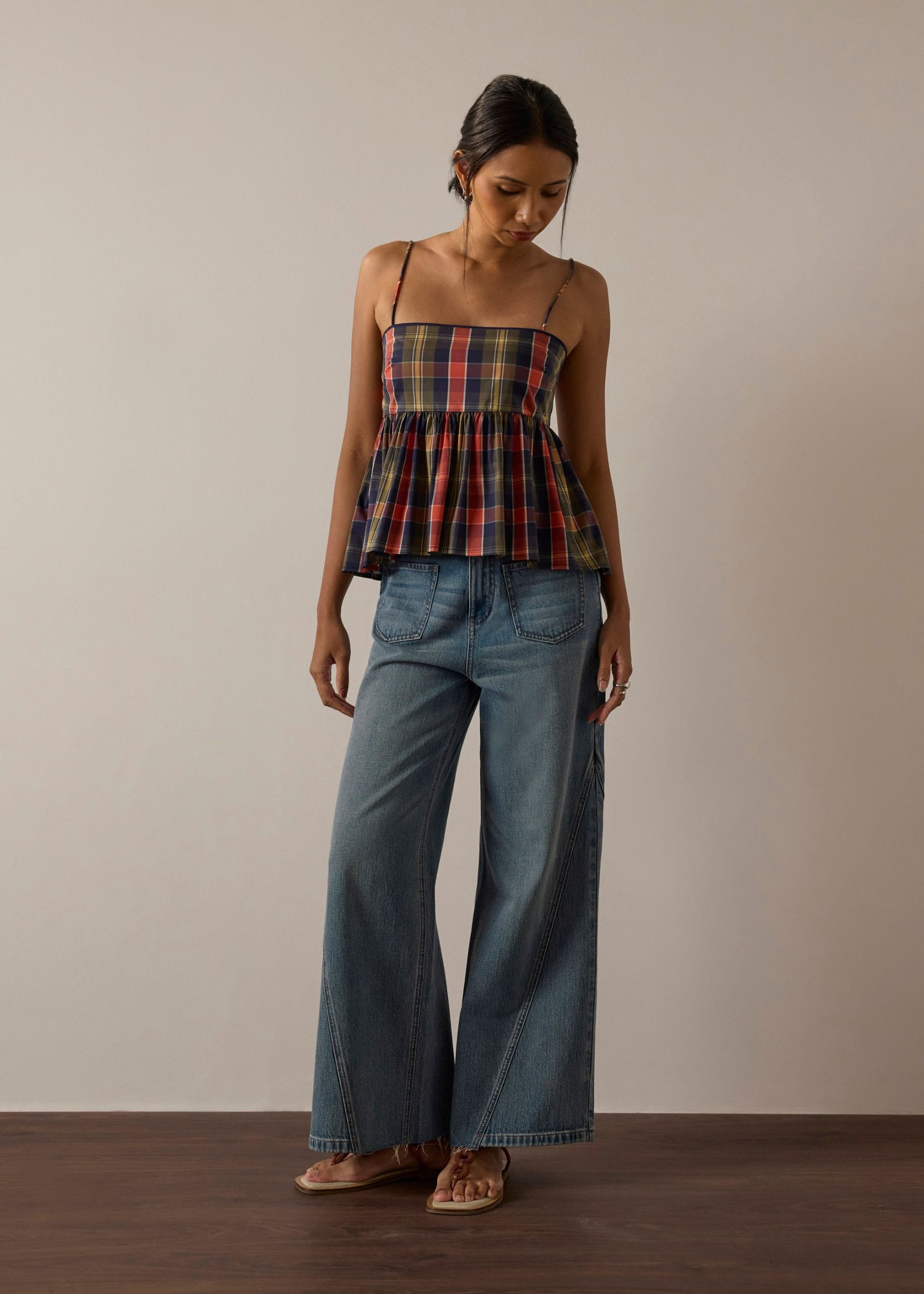 Checkered Cotton Peplum Camisole - Image 2