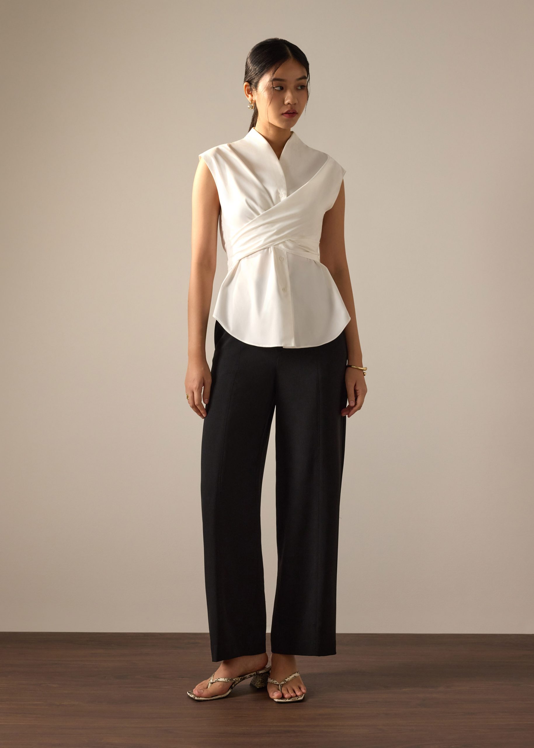 Ziyi Poplin Front Wrap Mandarin Collar Shirt - Image 5