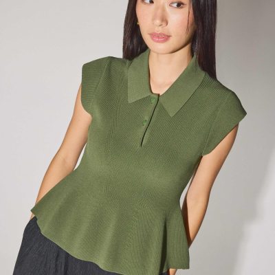 Knit Collared Peplum Polo Top