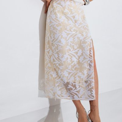 Floral Sequin High Waist Side Slit Column Midaxi Skirt