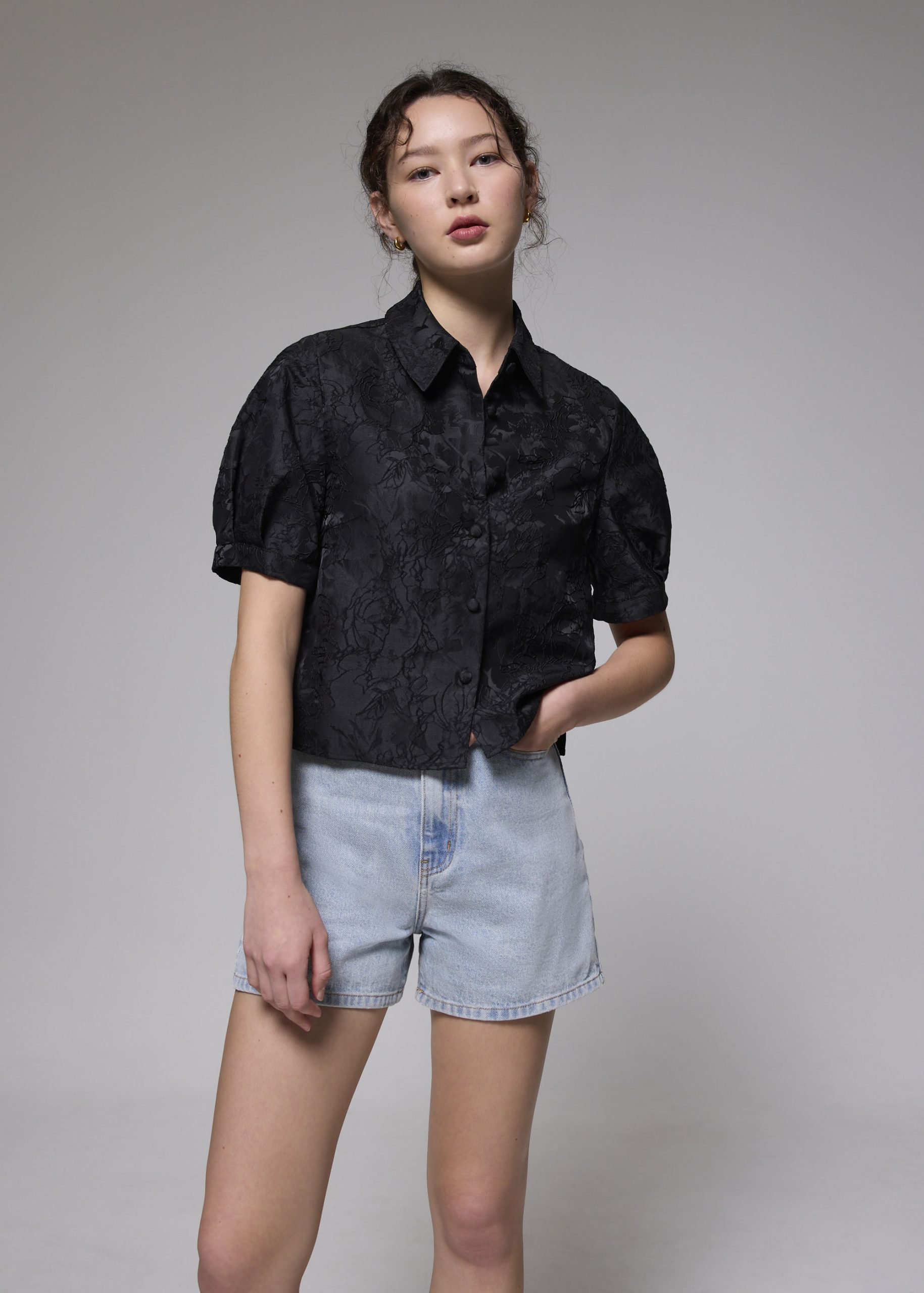 Brocade Collared Puff Sleeve Top - Image 3