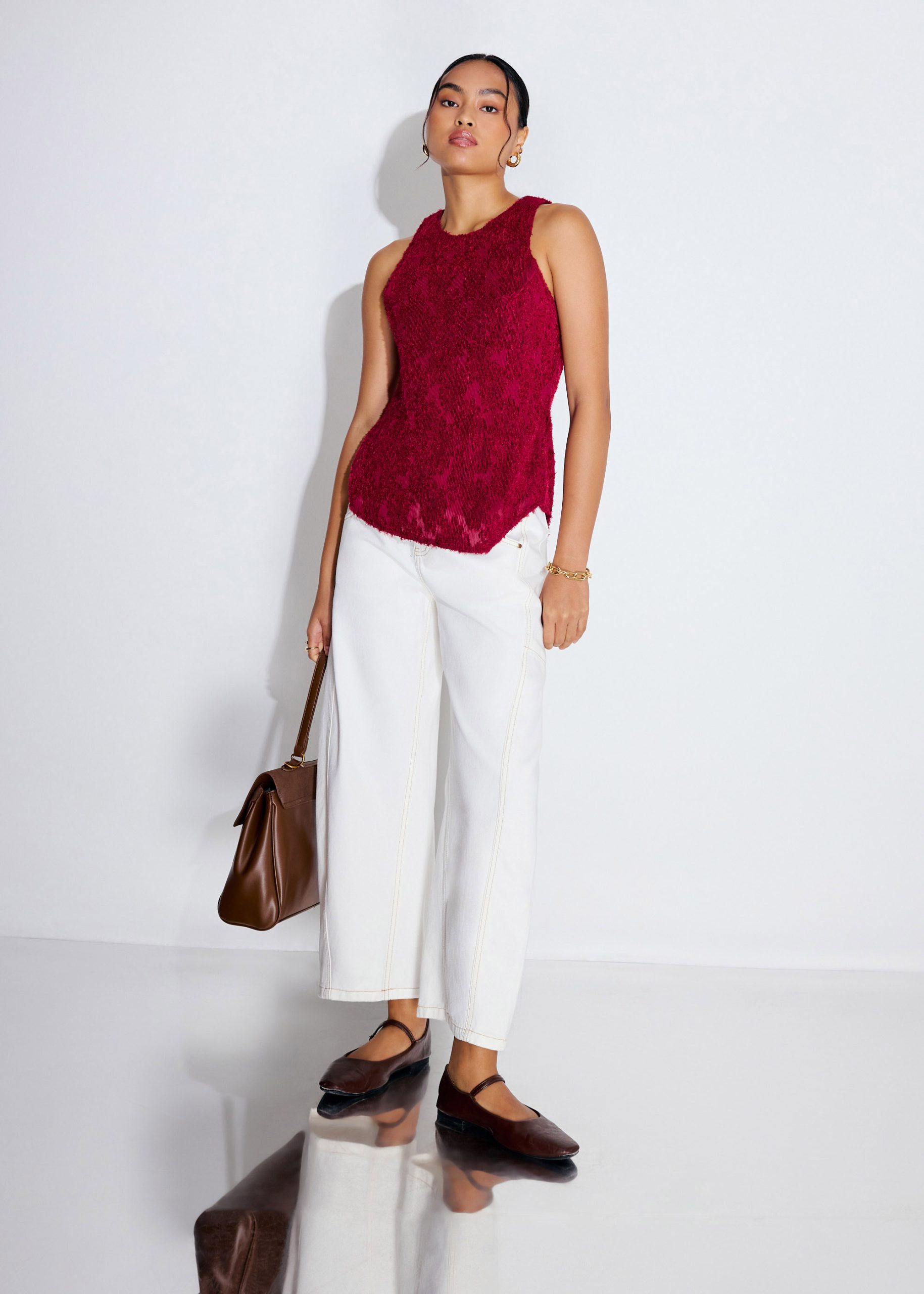 Faye Textured Asymmetric Hem Round Neck Top - Image 14