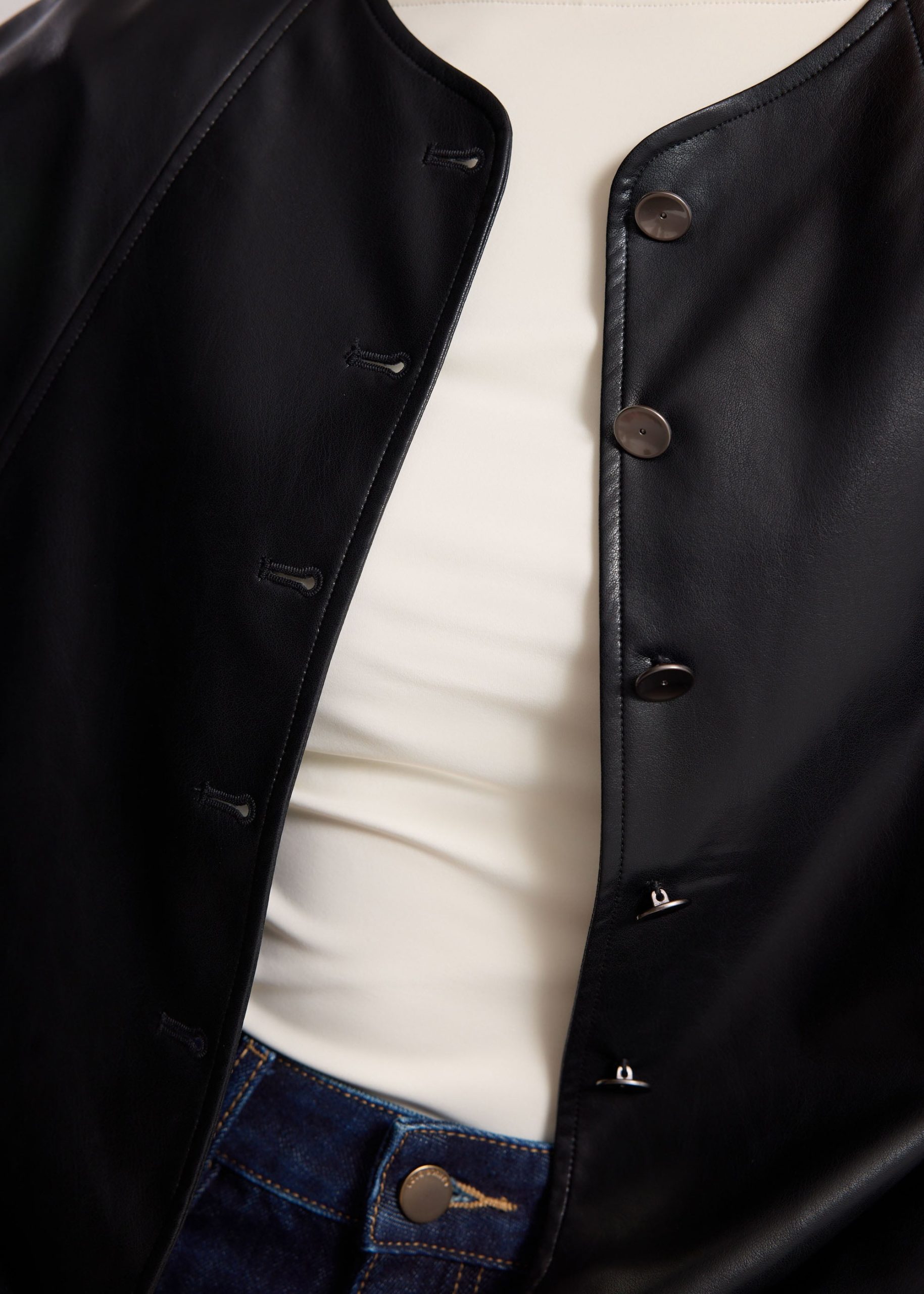 Relaxed Vegan Leather Collarless Button Down Jacket - Image 3