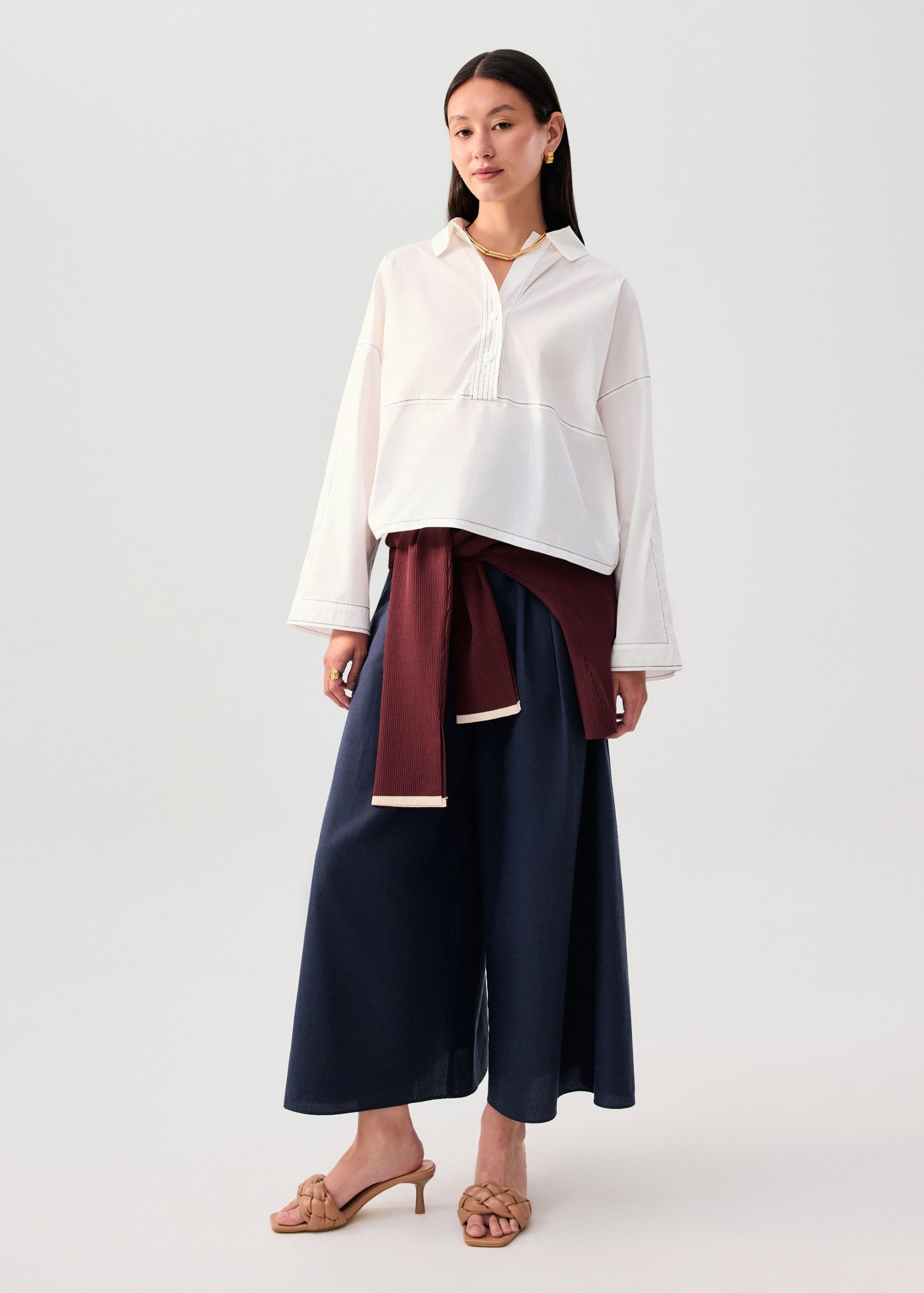 Relaxed Contrast Stitch Cotton Collared Shirt