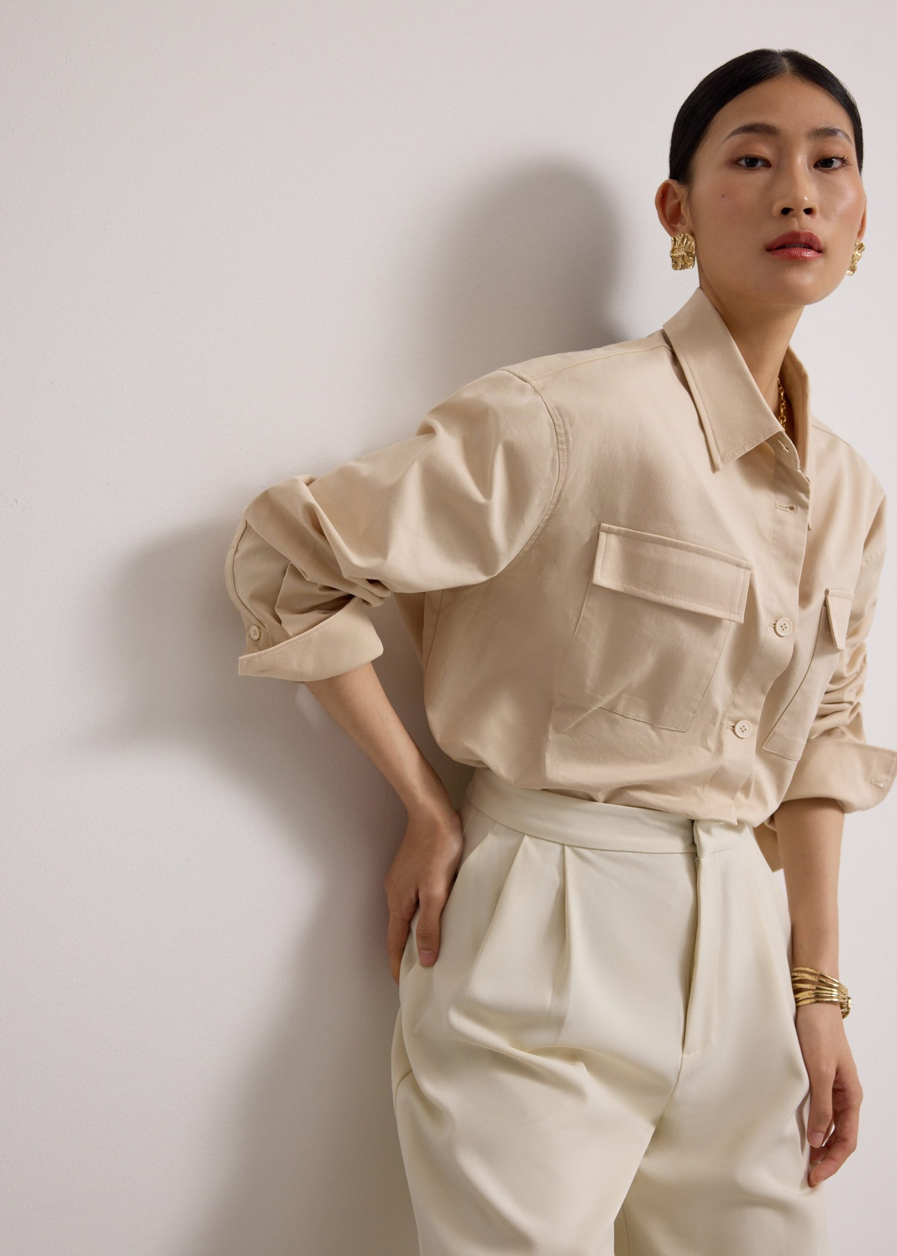 RuchedReady® Oversized Cotton Twill Button Down Utility Shirt