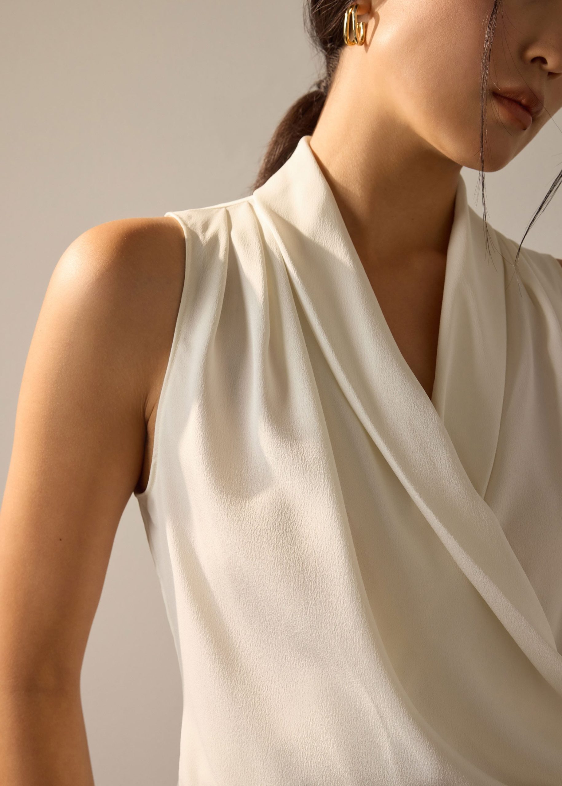 Krystal Crepe Satin Draped V-neck Top - Image 9