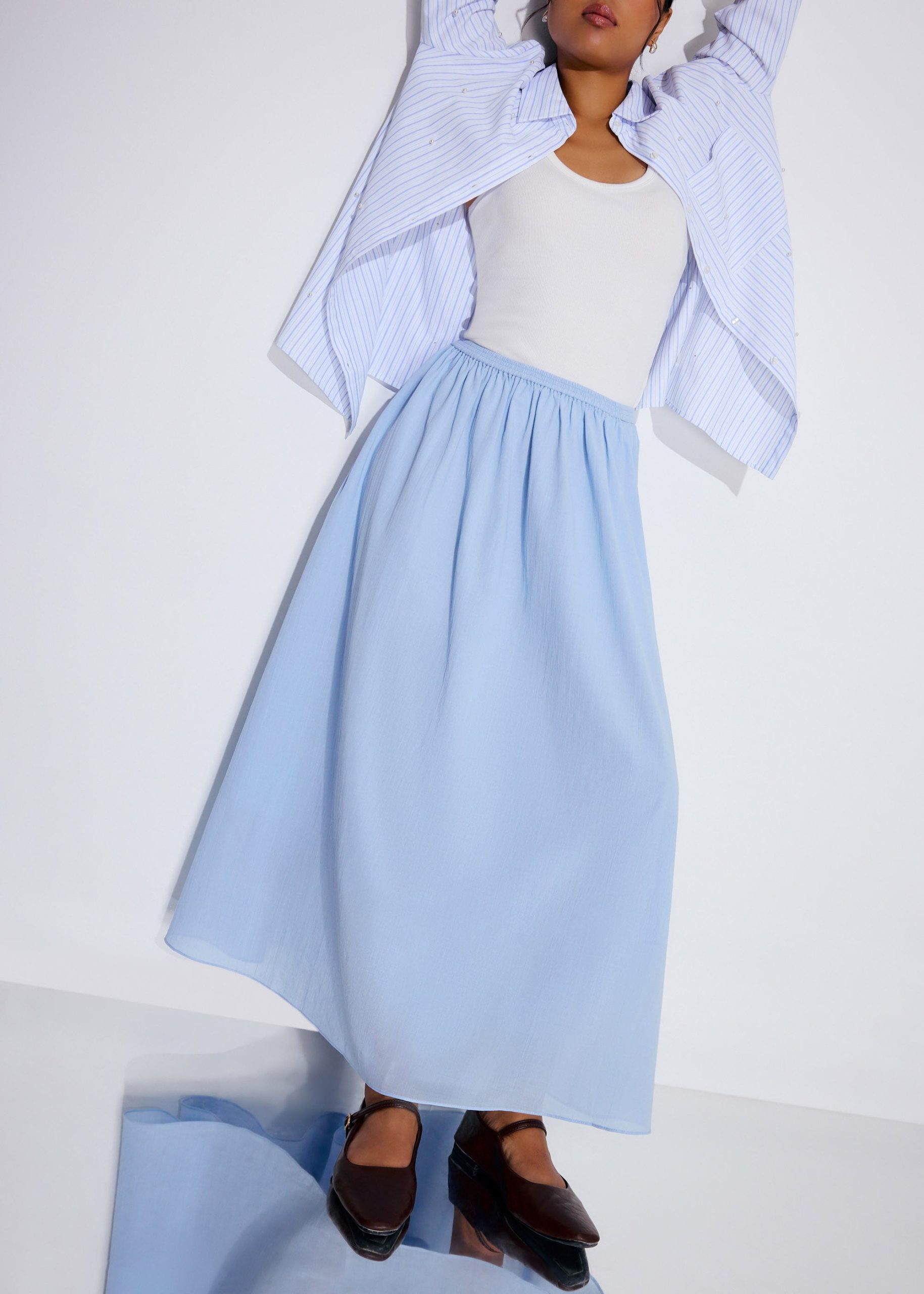 Elastic Cotton High Waist Flare Maxi Skirt - Image 13